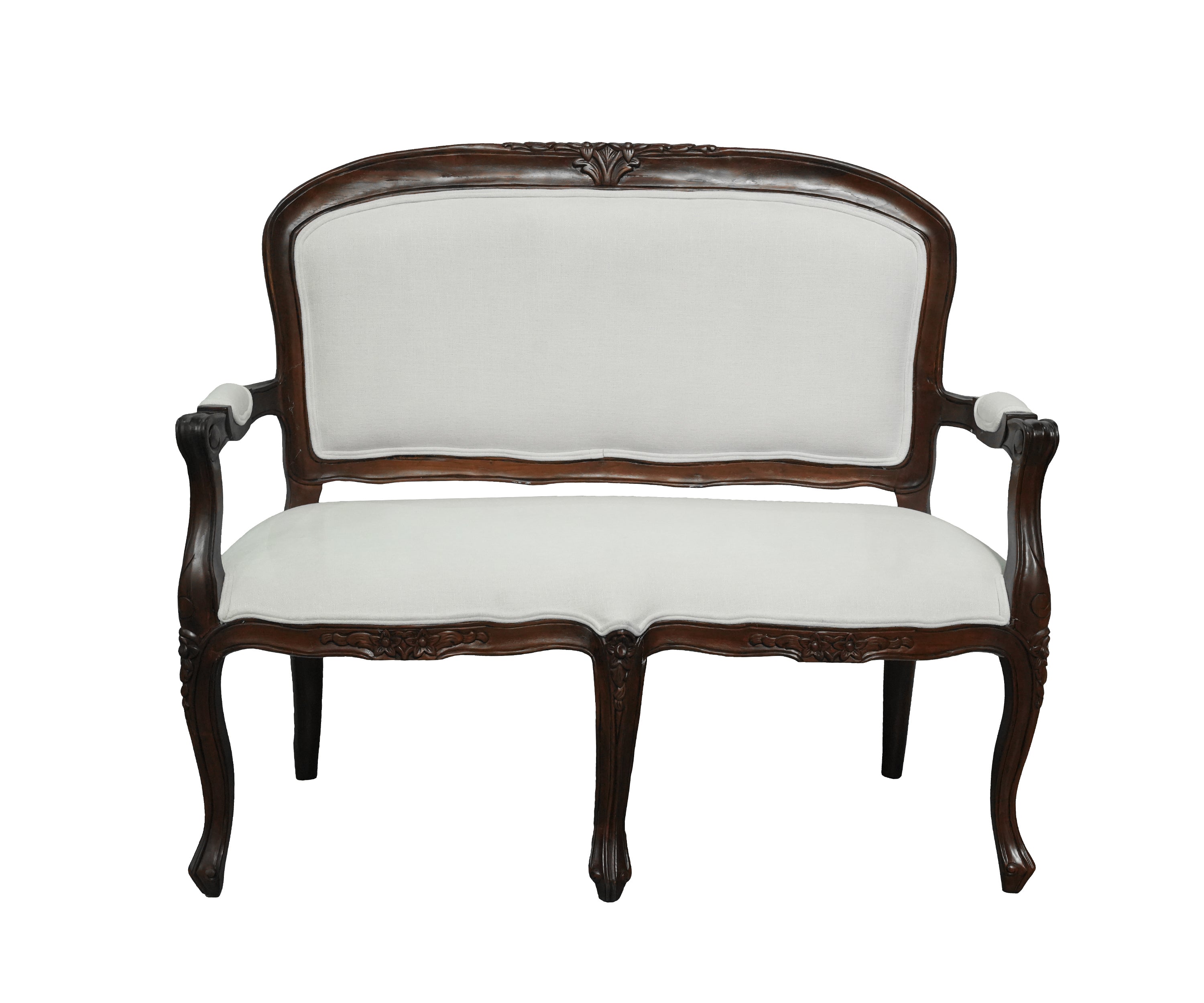 French Style Upholstered Wooden Sofa with Carved Dark Wood Frame