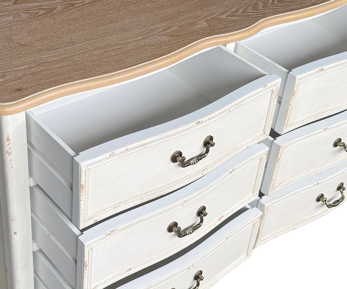 Distressed White Teak 6-Drawer Chest of Drawer with Natural Wood Top
