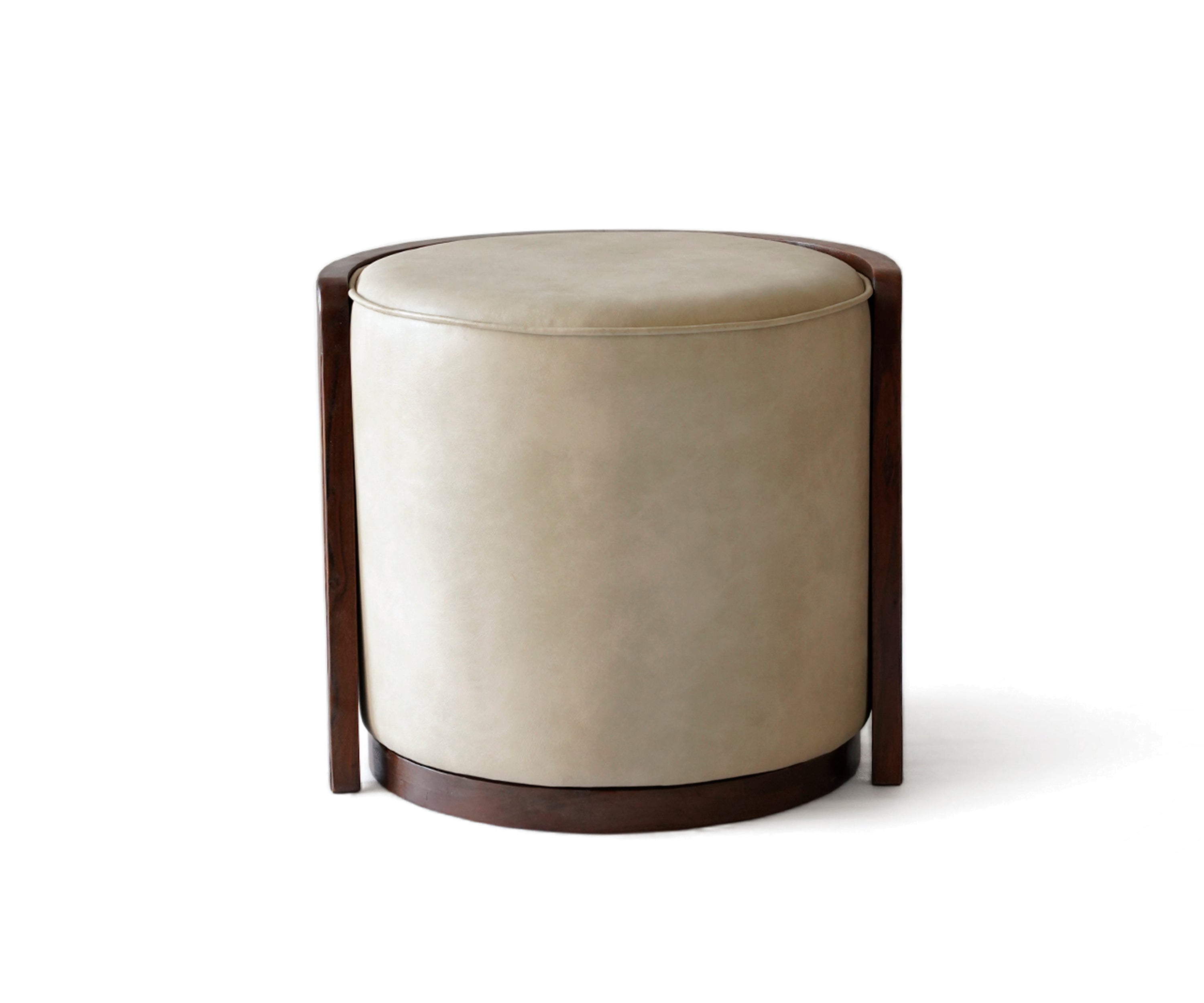 Round Beige Upholstered Stool with Dark Wood Frame