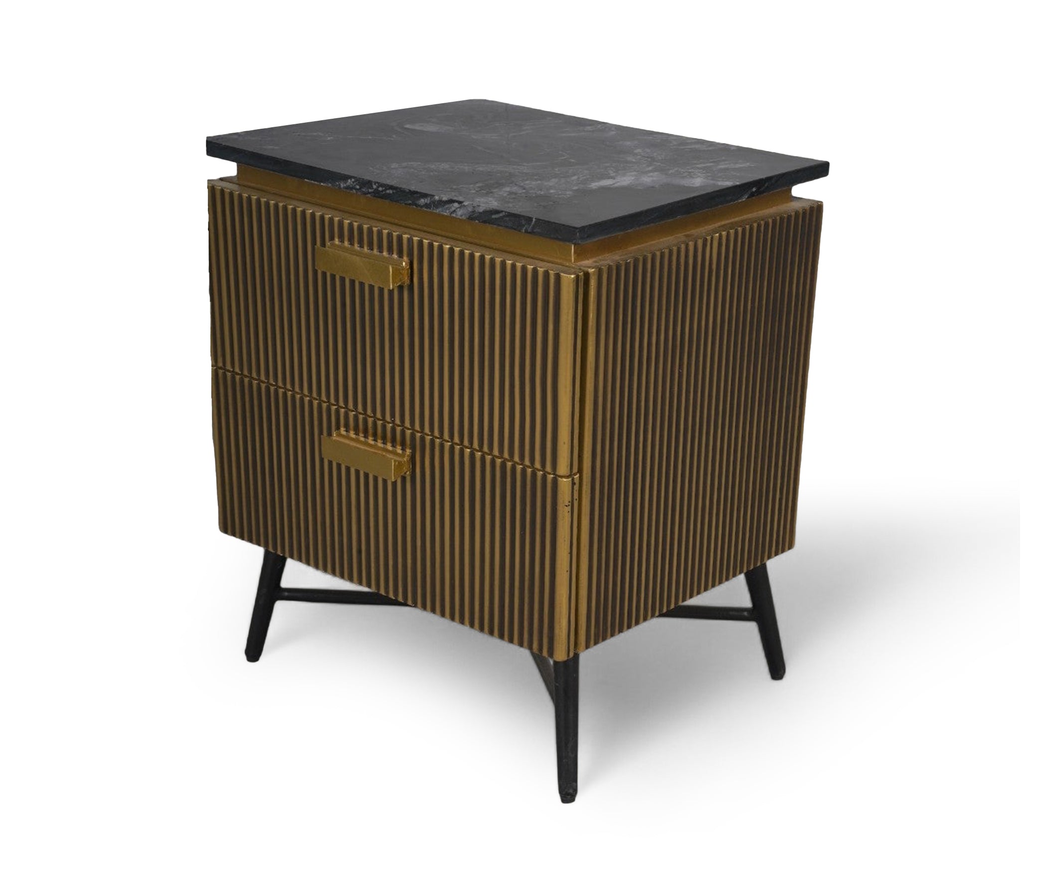 Fluted Brass 2-Drawer Bed Side Table with Black Marble Top