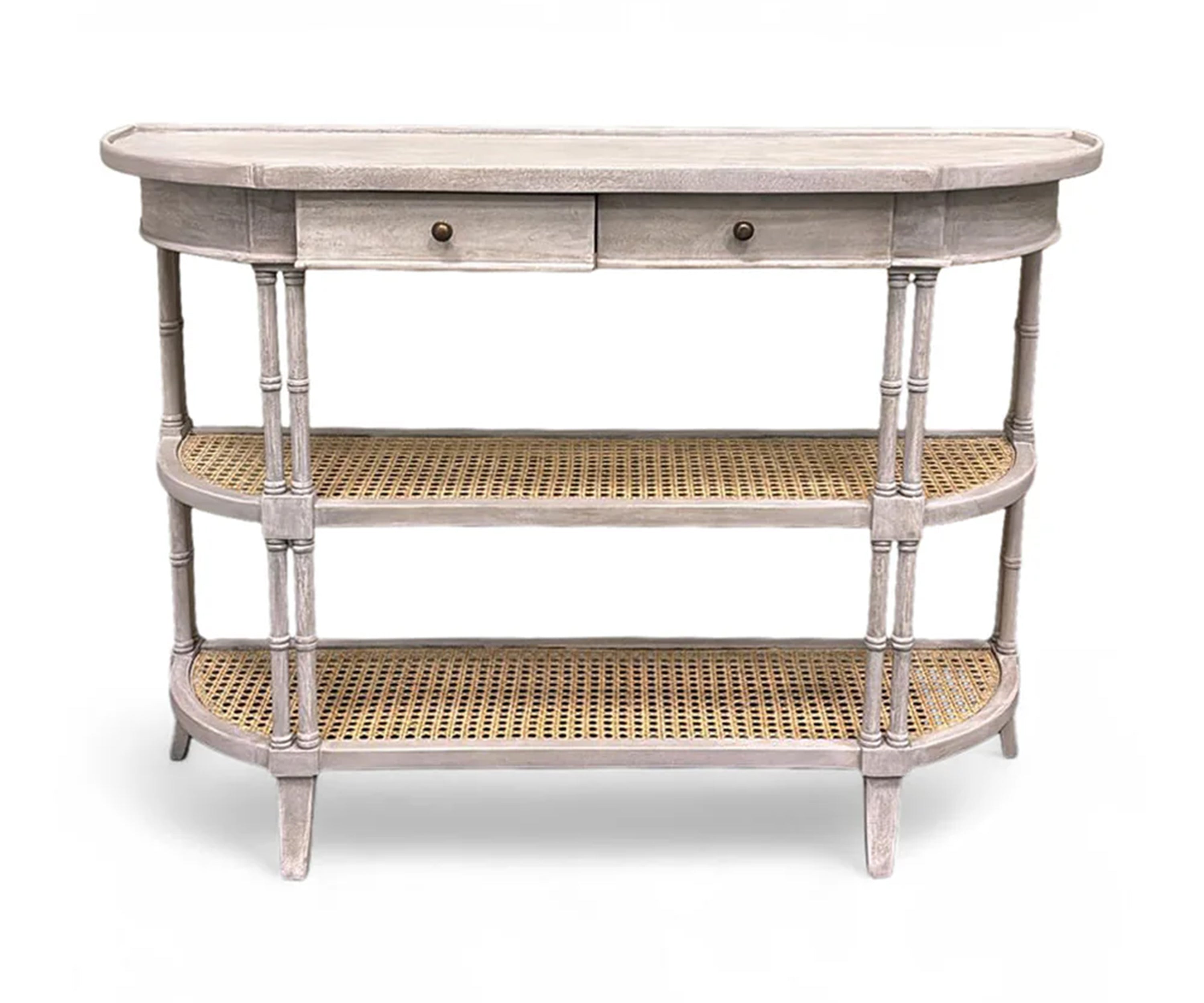 Vintage French Style Console Table with Cane Shelves and 2 Drawers