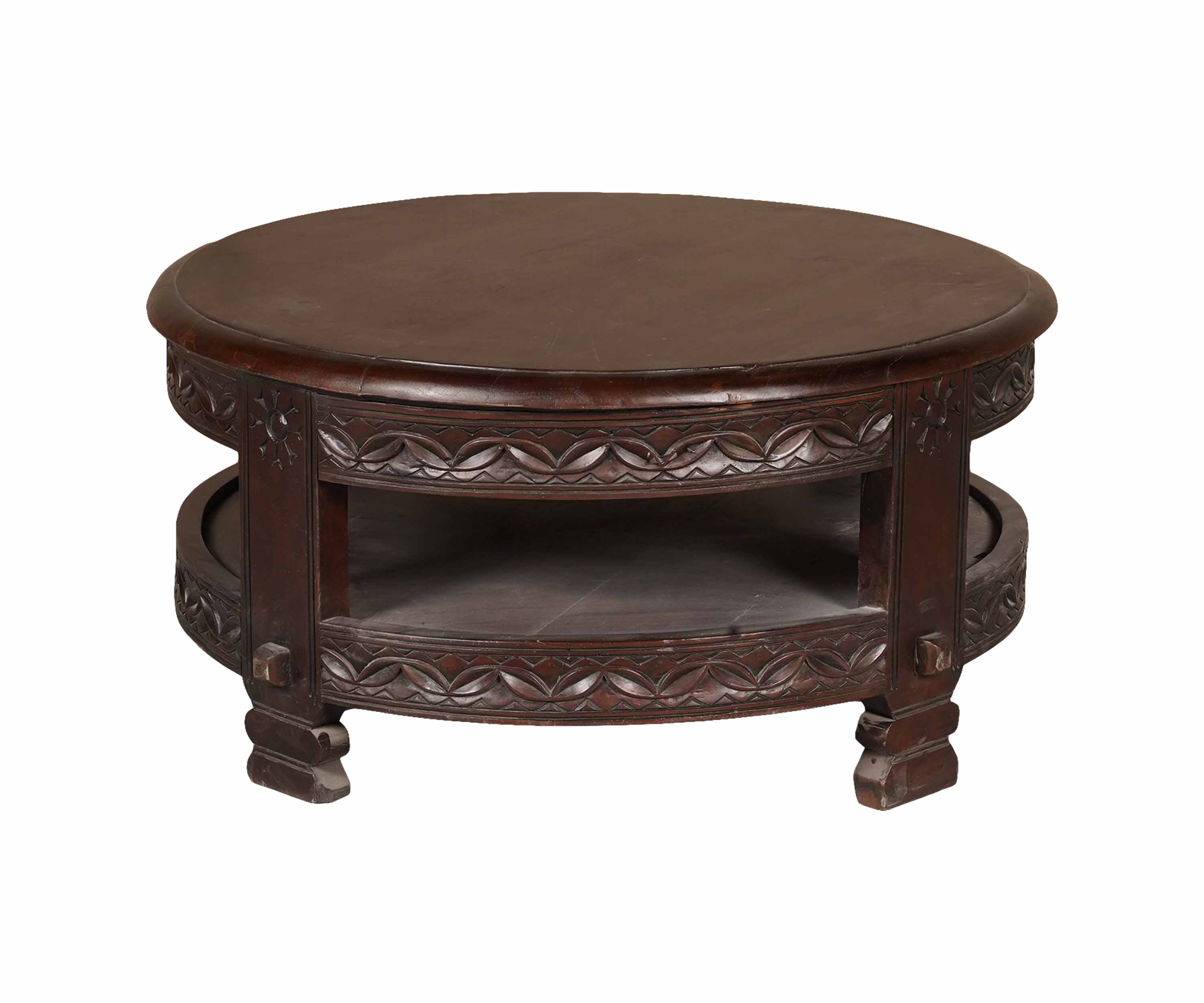 Round Carved Coffee Table with Storage Shelf