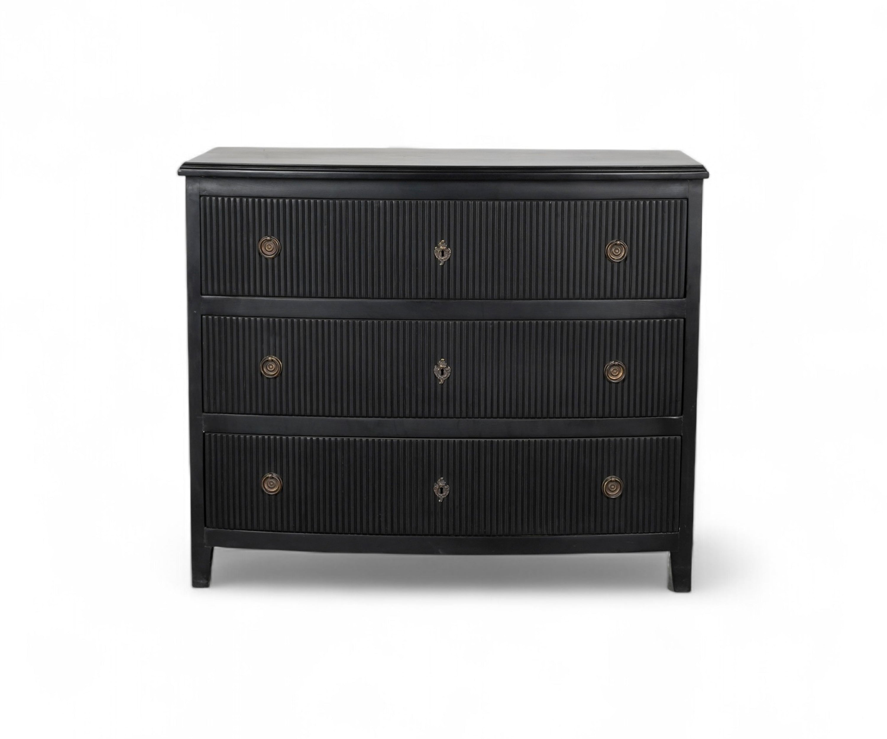 Modern Black Chest of Drawers with Ribbed Front and Brass Knobs