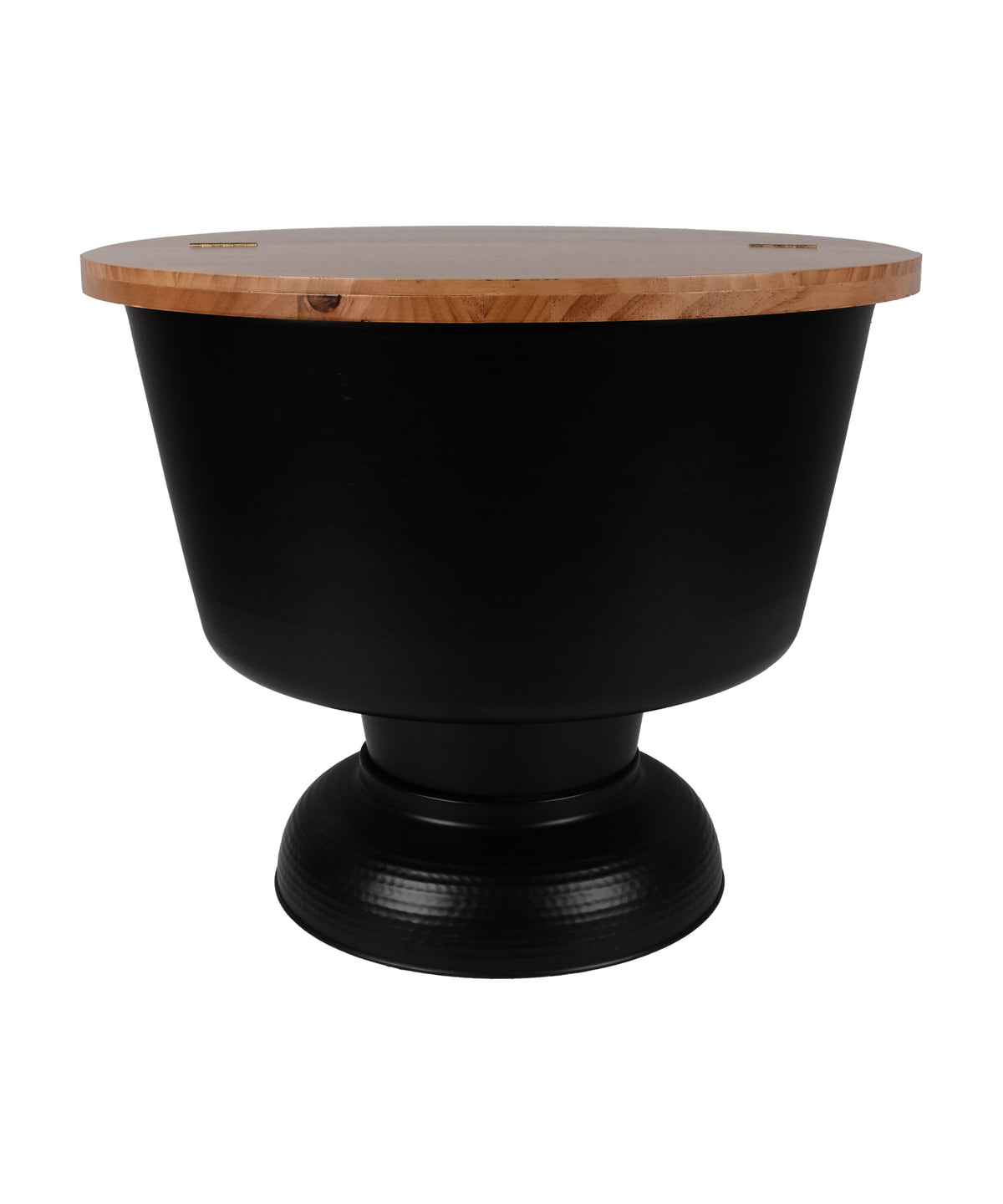 Matte Black Round Drum Side Table with Brown Flip-Top