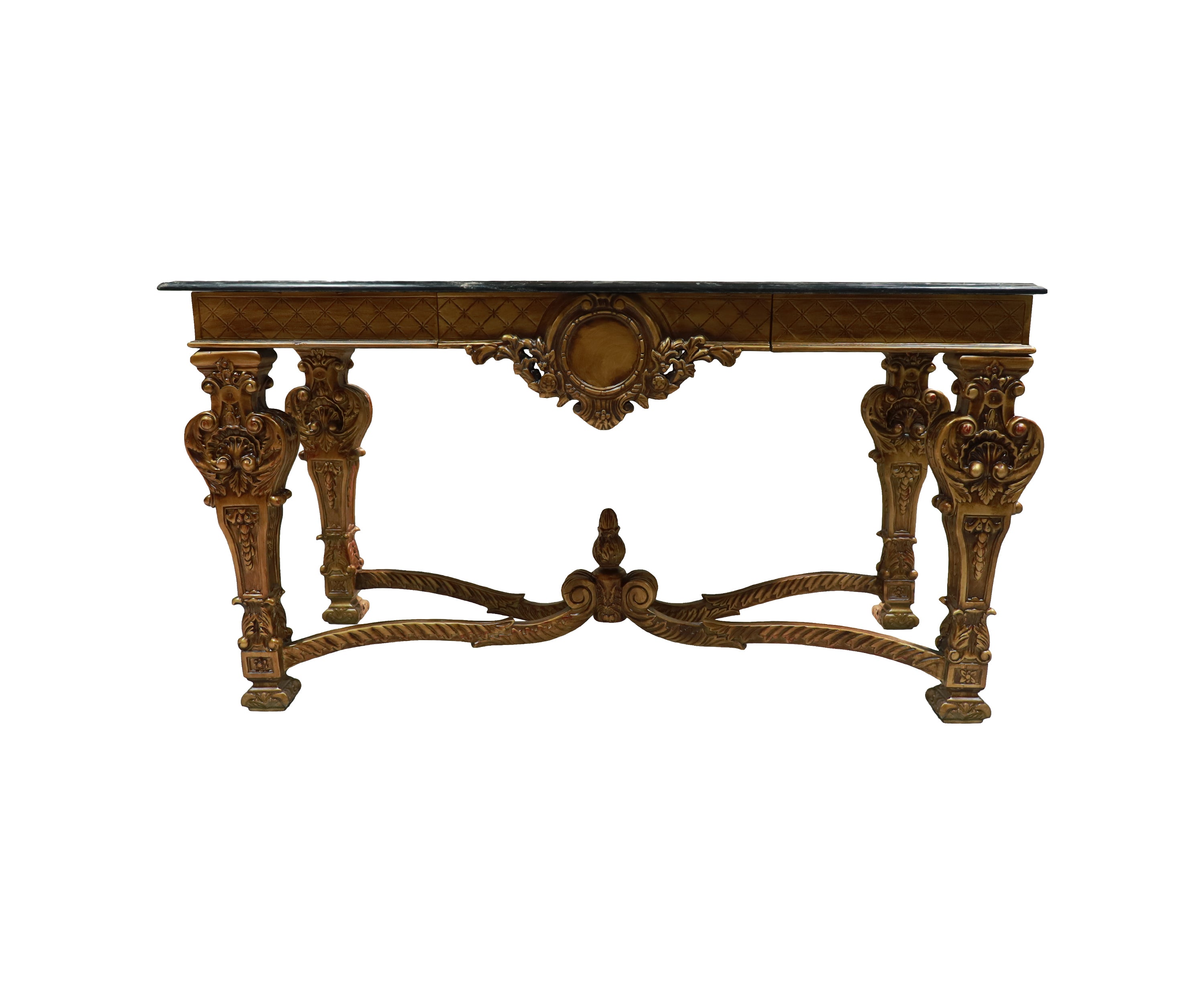 Teak European Wooden Console Table with Marble Top