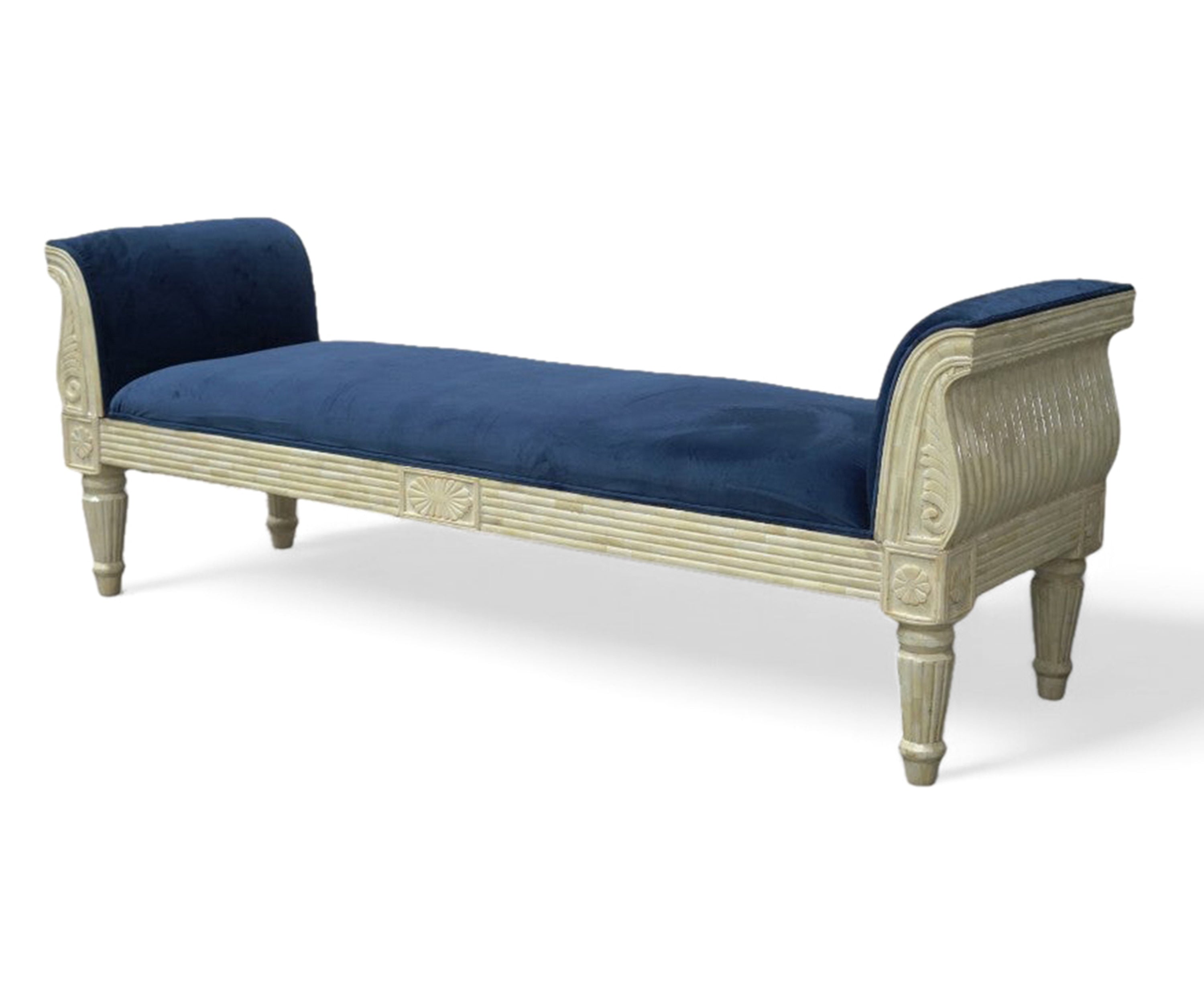 Gustavian Style Blue Velvet Bench with Bone Inlay