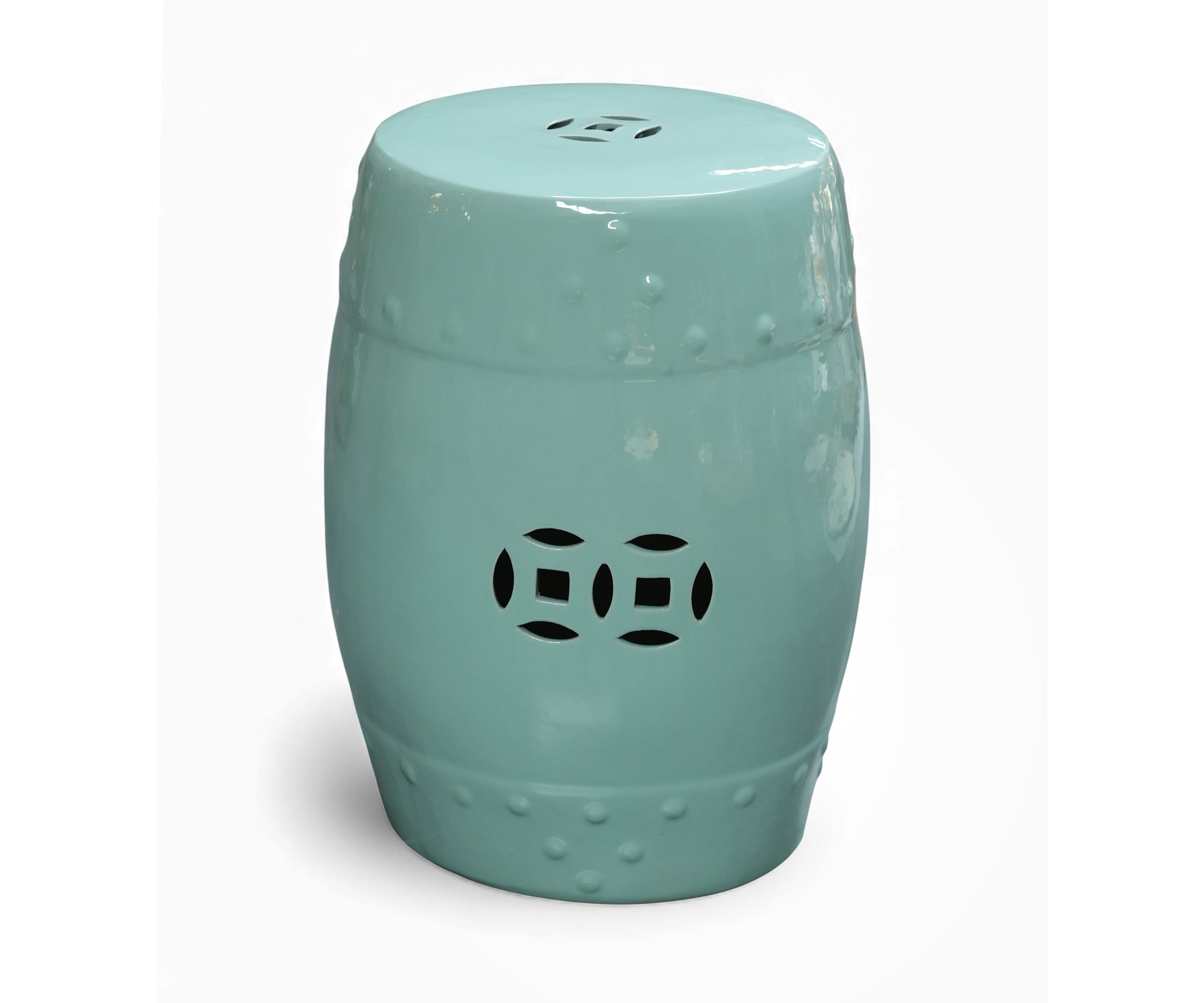 Glossy Aqua Ceramic Side Table with Cut-Out Detail