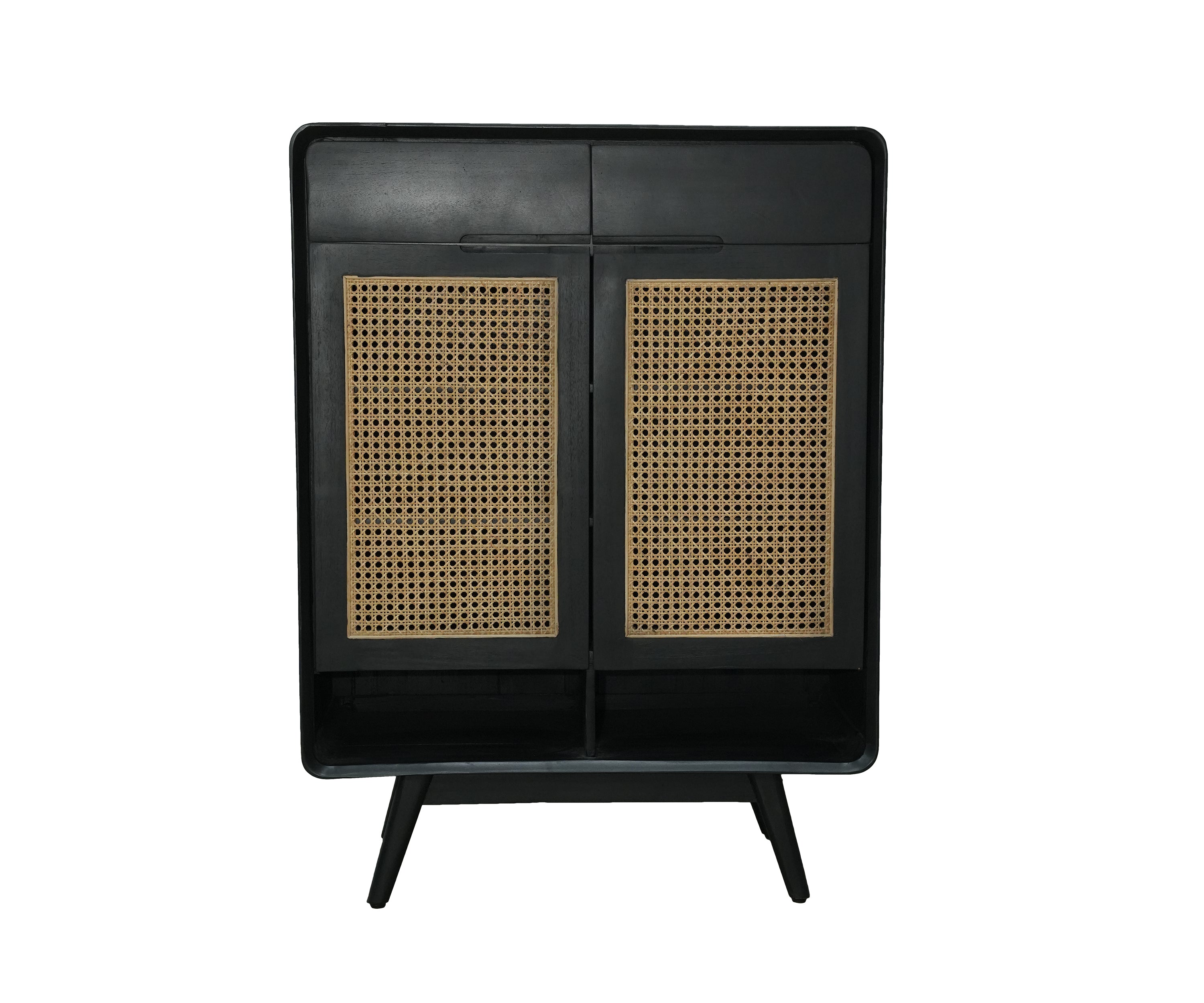 Black Wood and Cane Double Door Cabinet