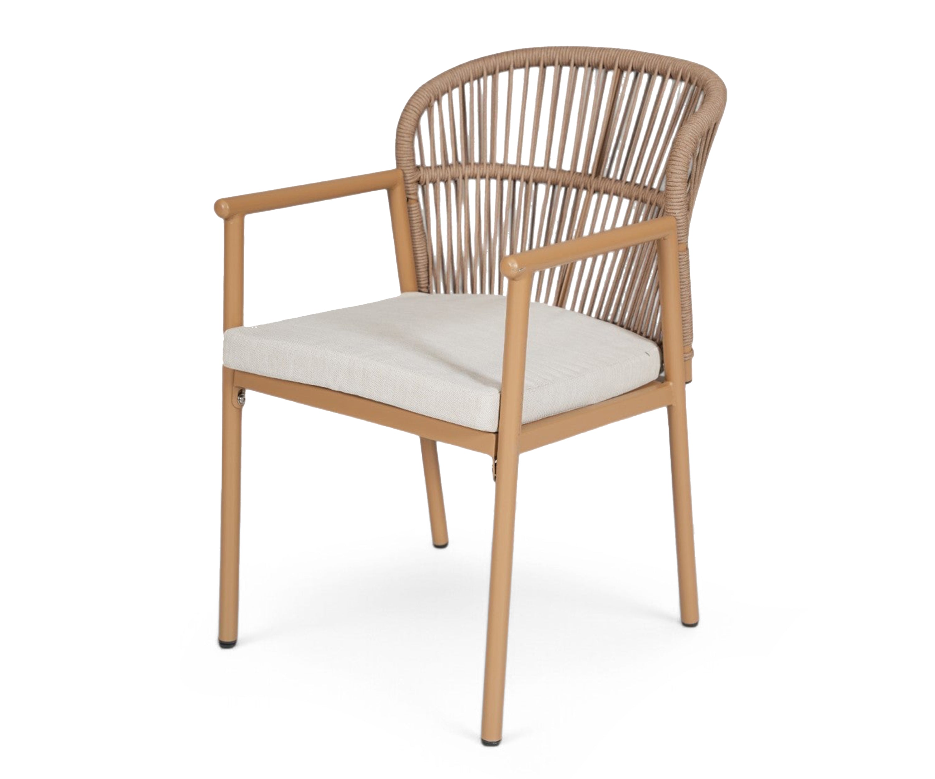 Sand Beige Rattan Fan-Back Arm Dining Chair with Cushion Seat