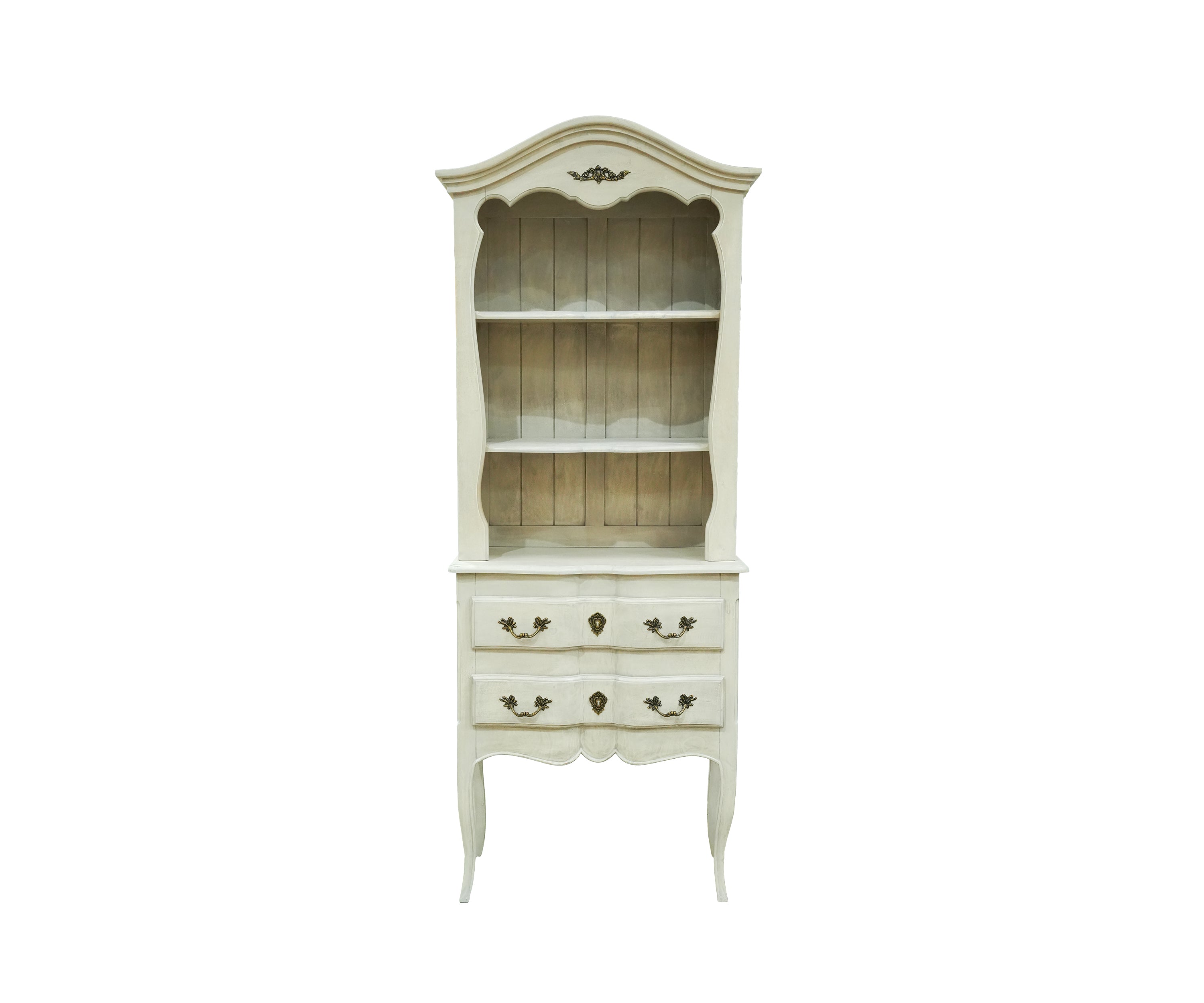 White French Country Display Cabinet with Open Shelves and Drawers