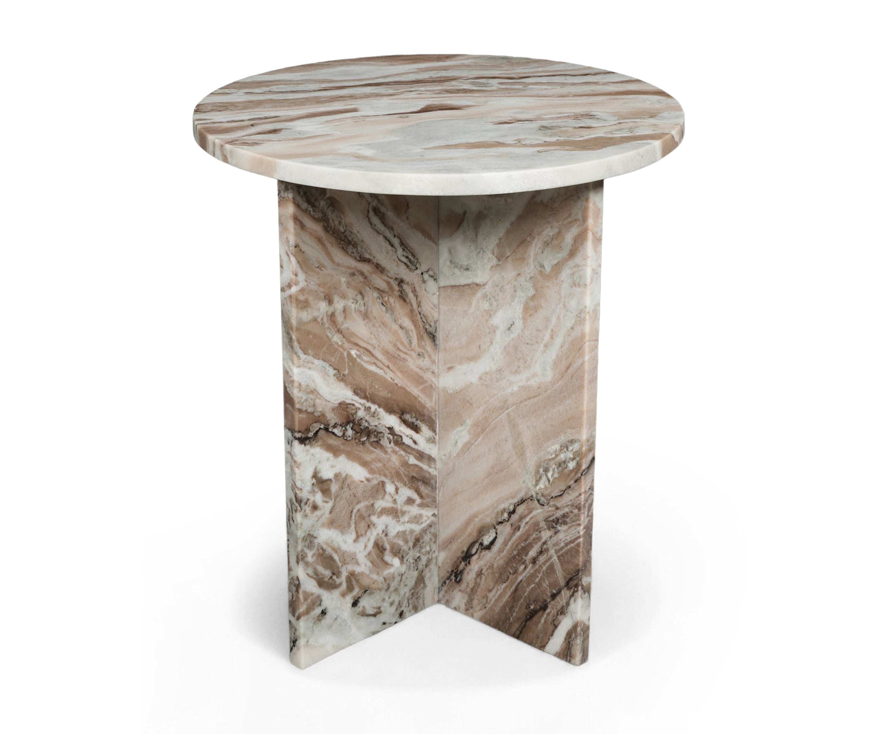 Beige Swirl Marble Side Table with Cross Pedestal Base
