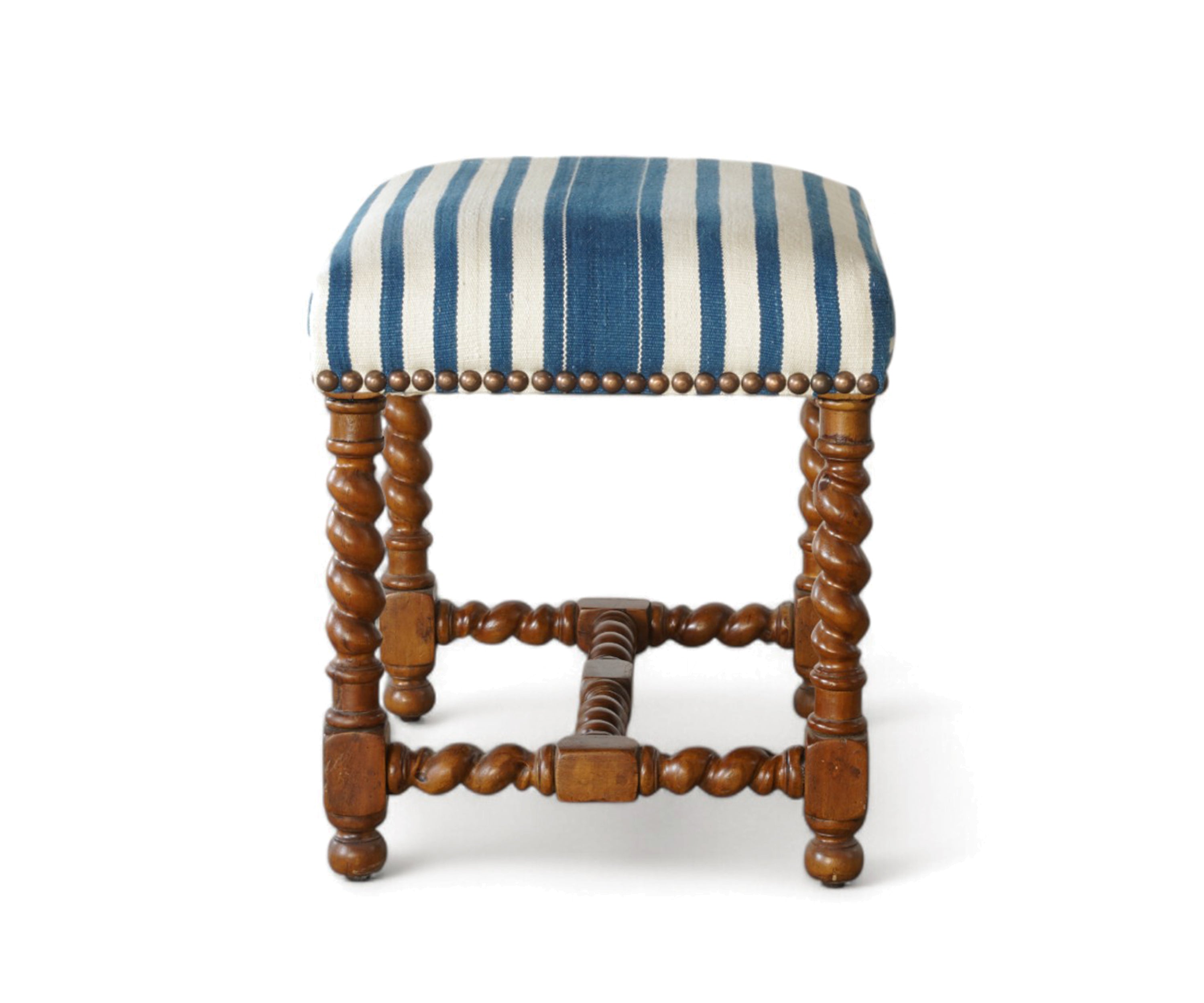Blue and White Striped Upholstered Stool with Barely Twist Legs & Brass Nailhead Trim