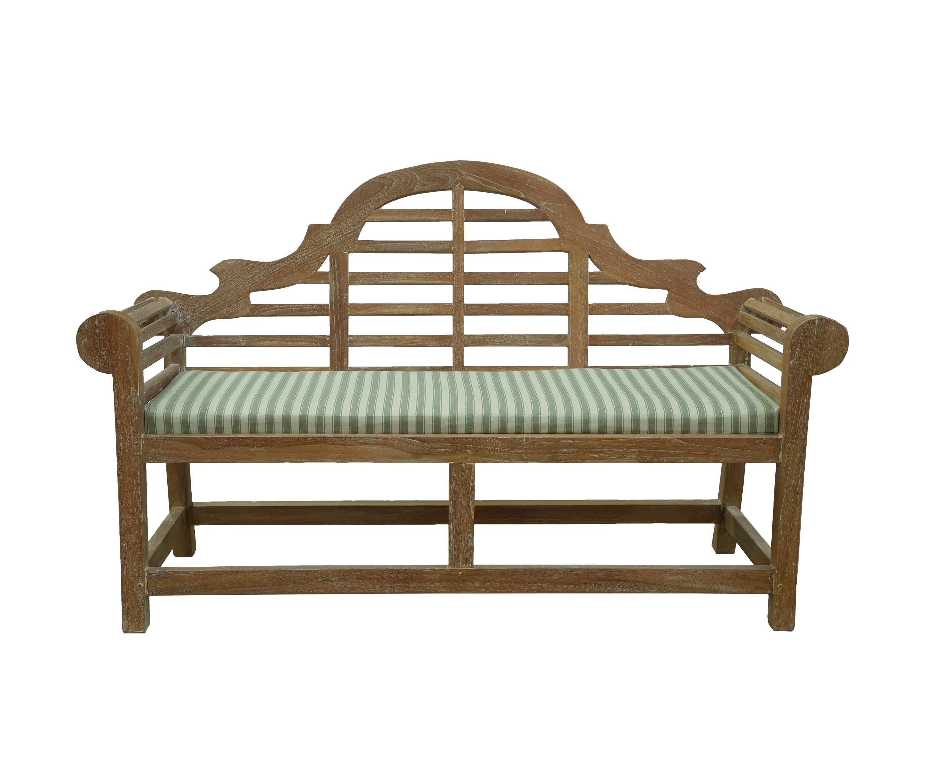 Vintage Style Teak Bench with Green Striped Upholstered Cushion
