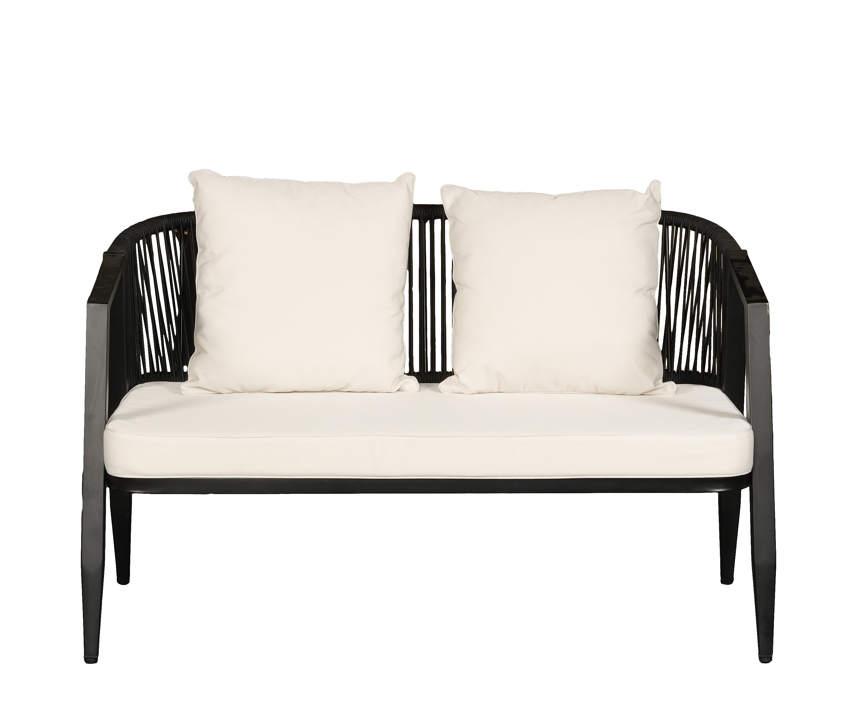 Modern Outdoor 2-Seater Sofa in Black Frame with Ivory Cushions