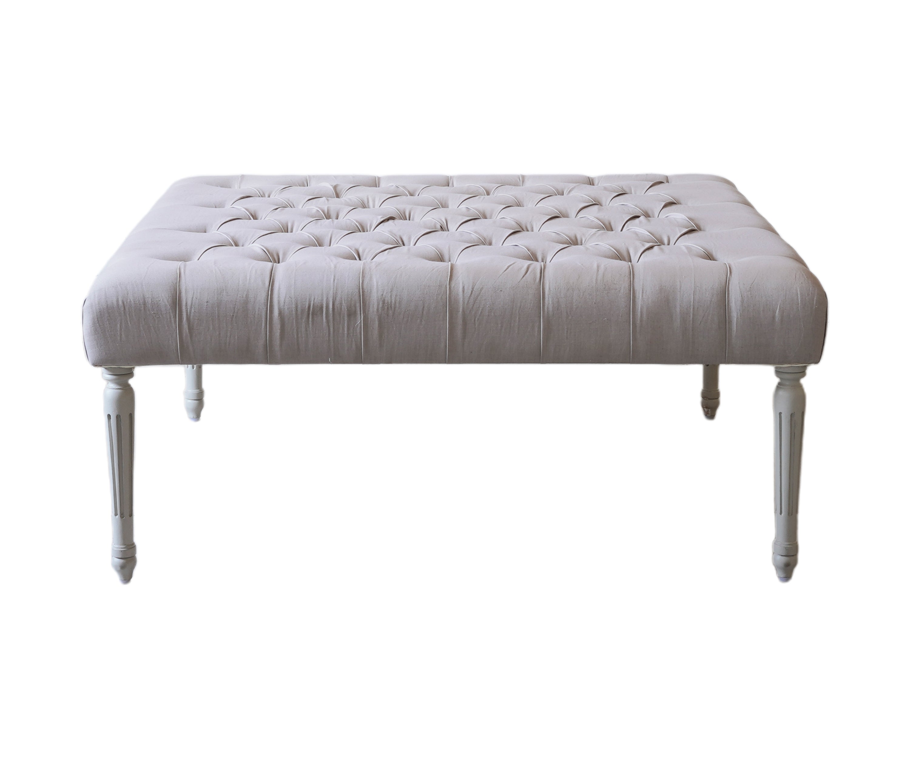 Grey Linen Tufted Ottoman with Fluted Wooden Legs