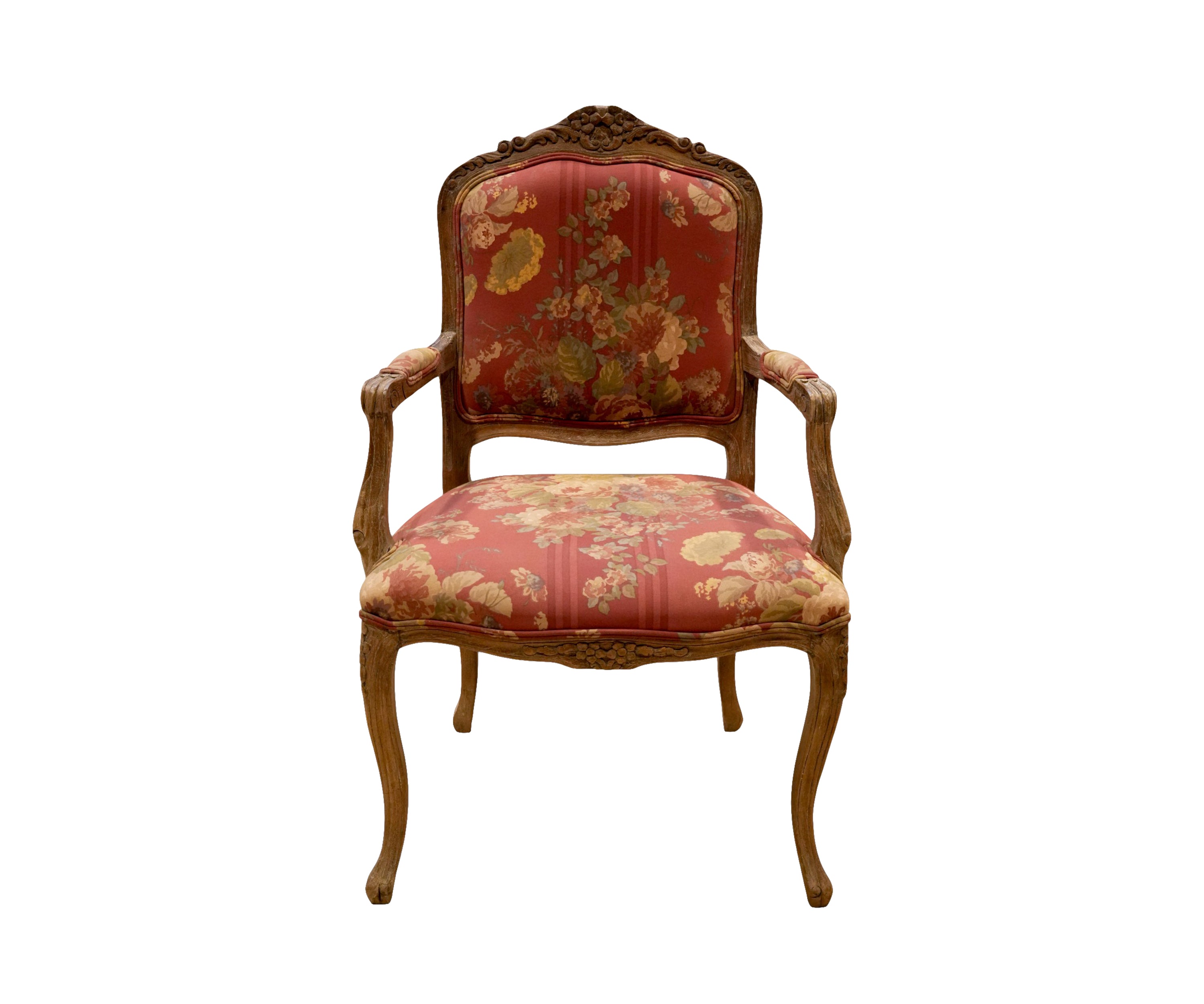 French Floral Armchair with Carved Solid Wood Frame