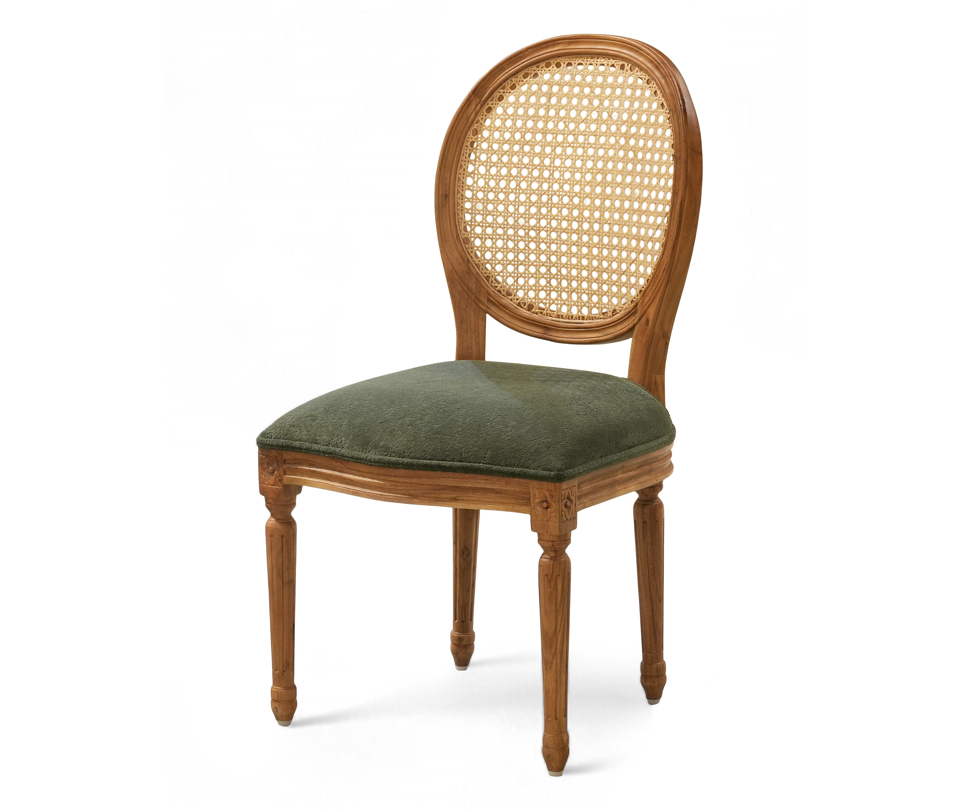 Natural Wood Oval Cane Back Dining Chair with Olive Upholstered Seat
