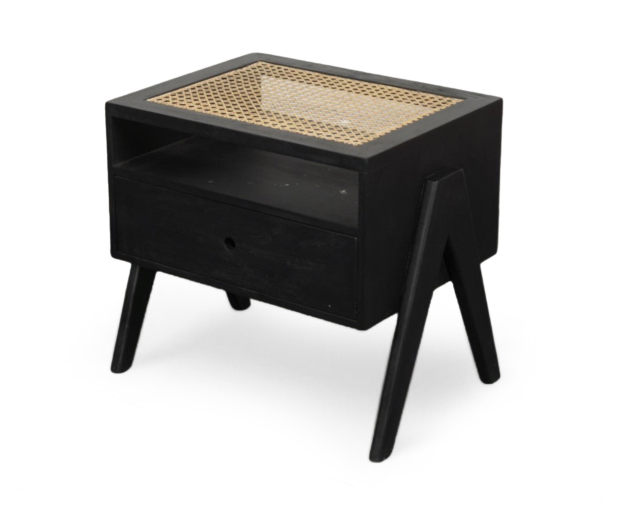 Black Cane Top V-Leg Bed Side Table with Drawer and Open Shelf
