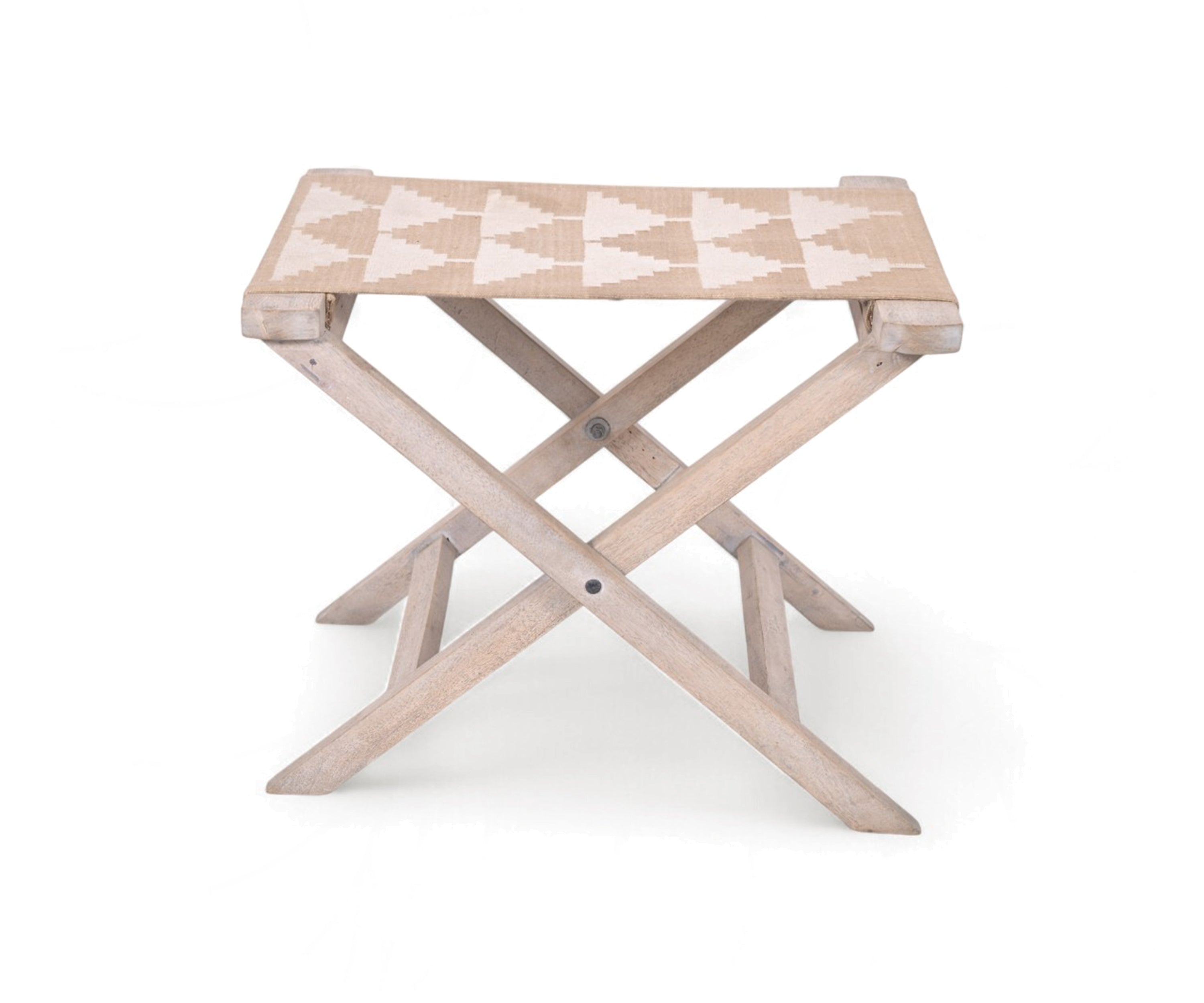 Brown and White Patterned Fabric Stool with Natural Wood Frame