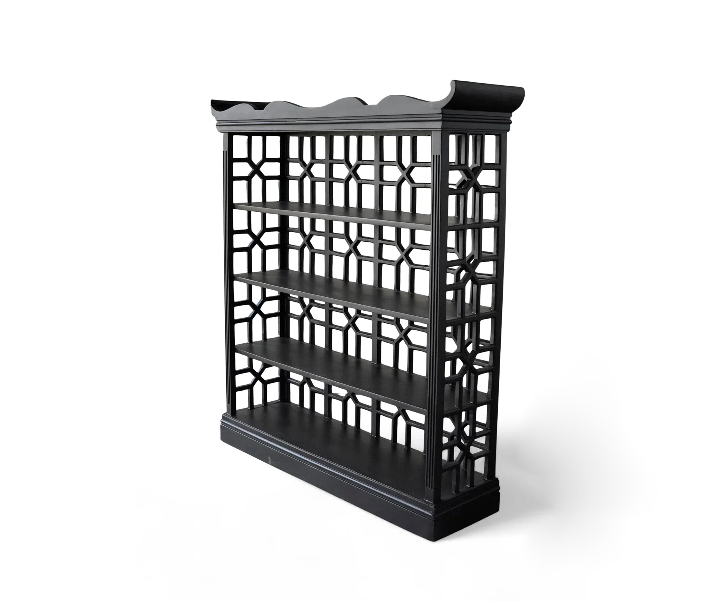 Black Wooden Display Bookshelf with Geometric Lattice Sides