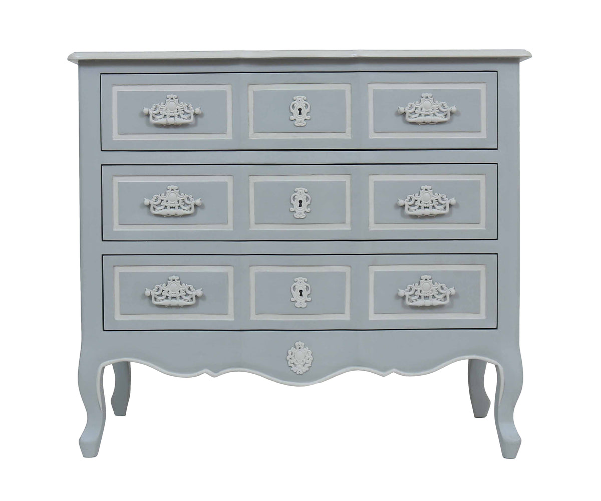 French Style Grey Three-Drawer Chest of Drawer with Ornate Hardware