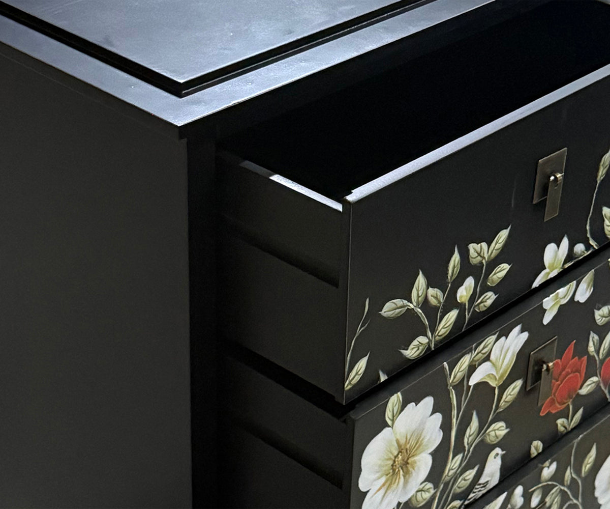 Matte Black Floral Accent 3-Drawer Nightstand with Metal Base