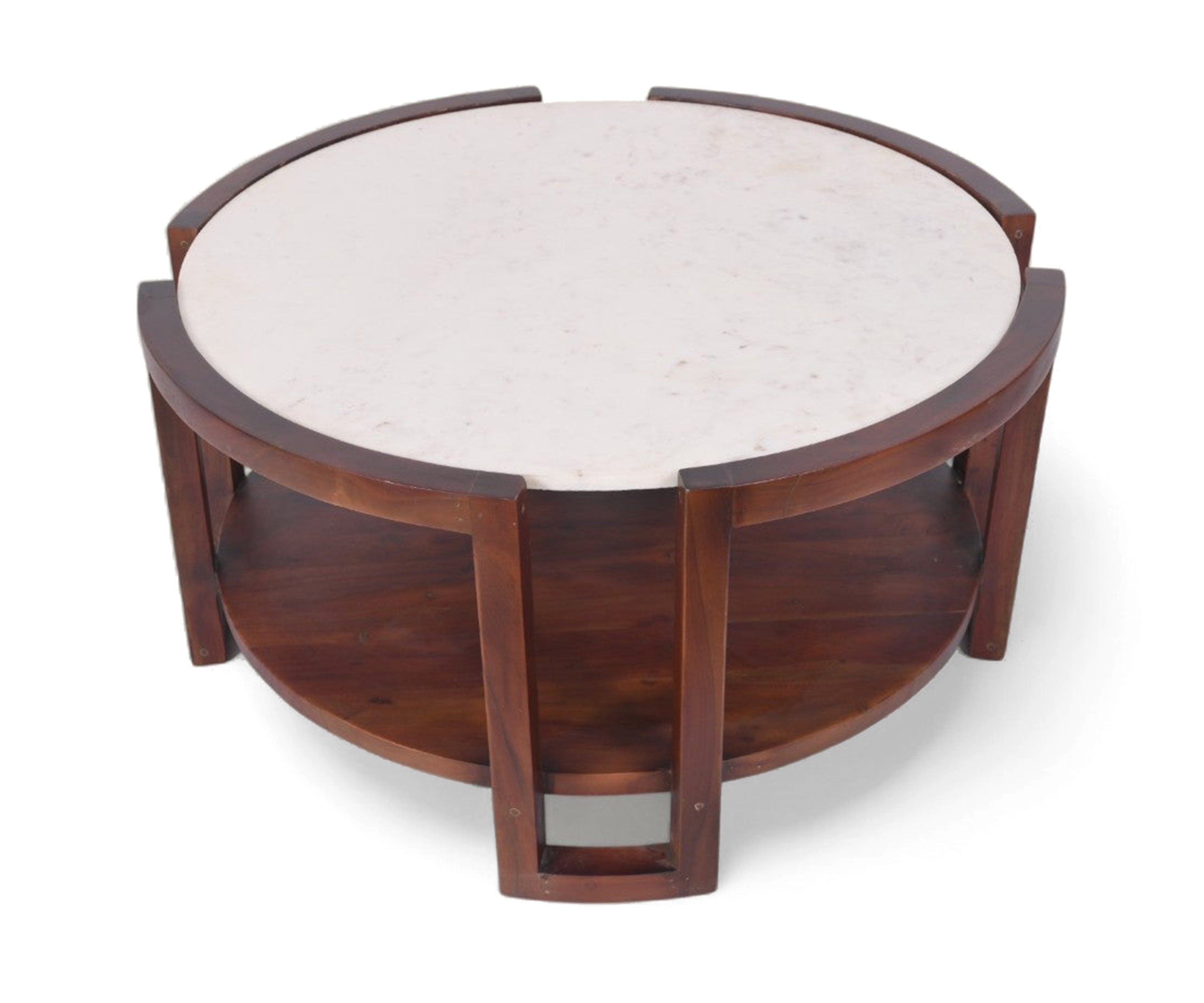 Round Marble Top Walnut Coffee Table with Shelf