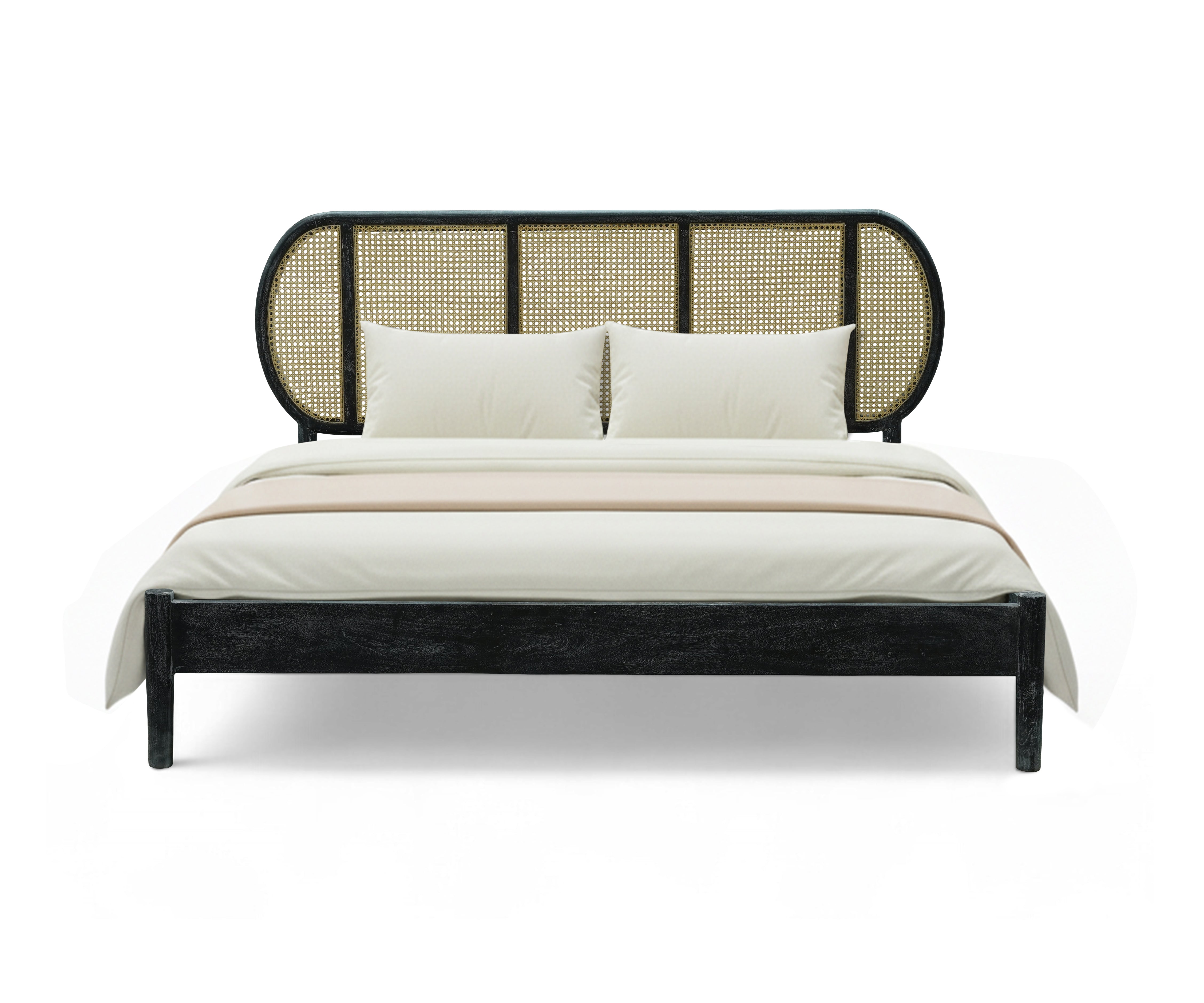 Modern Acacia Wood Cane Bed with Curved Headboard - Black