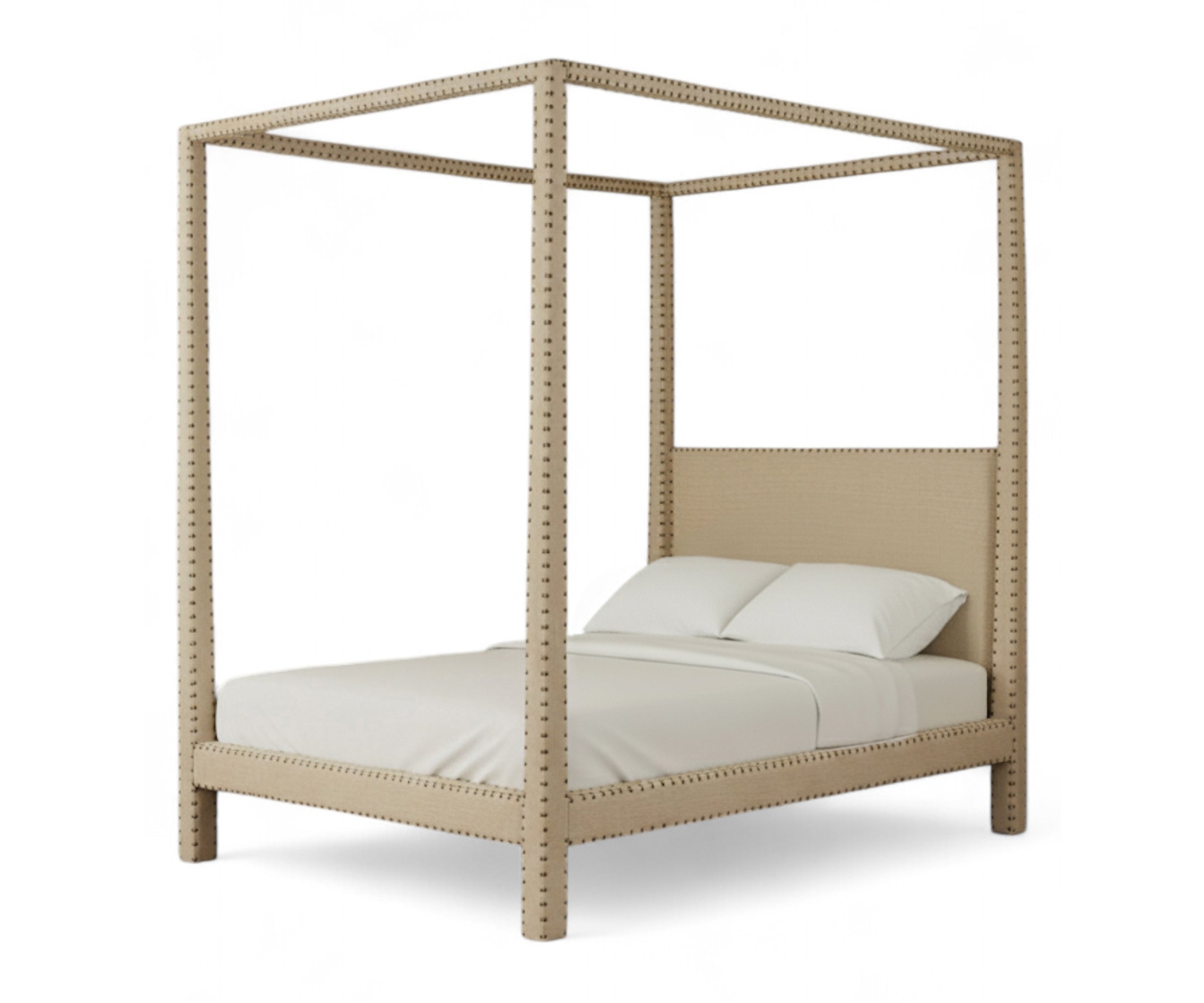 Elara Upholstered Acacia Wood Canopy Bed with Brass Nail Studs
