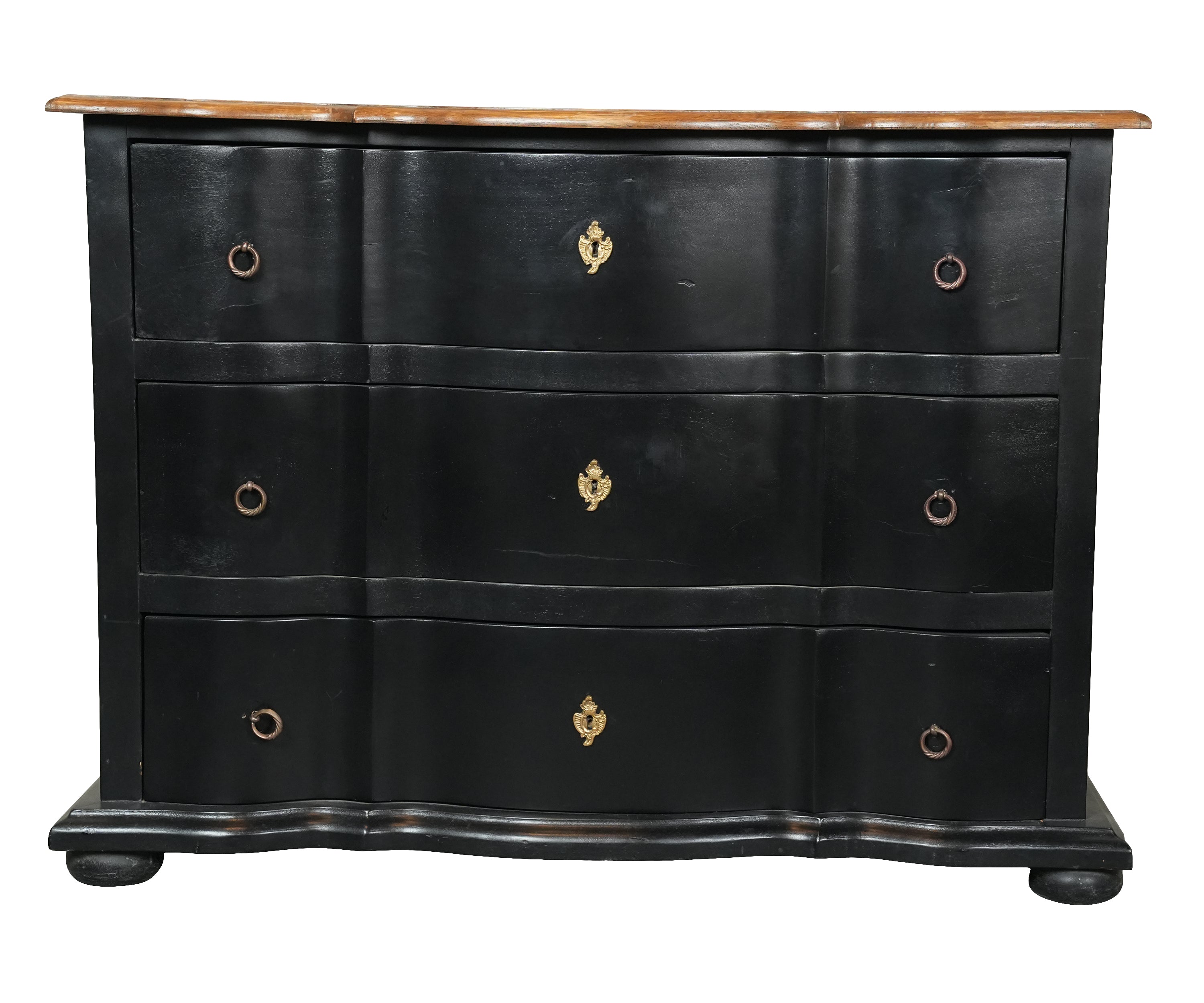 Black Wood 3-Drawer Bombe Chest of Drawer with Natural Wood Top