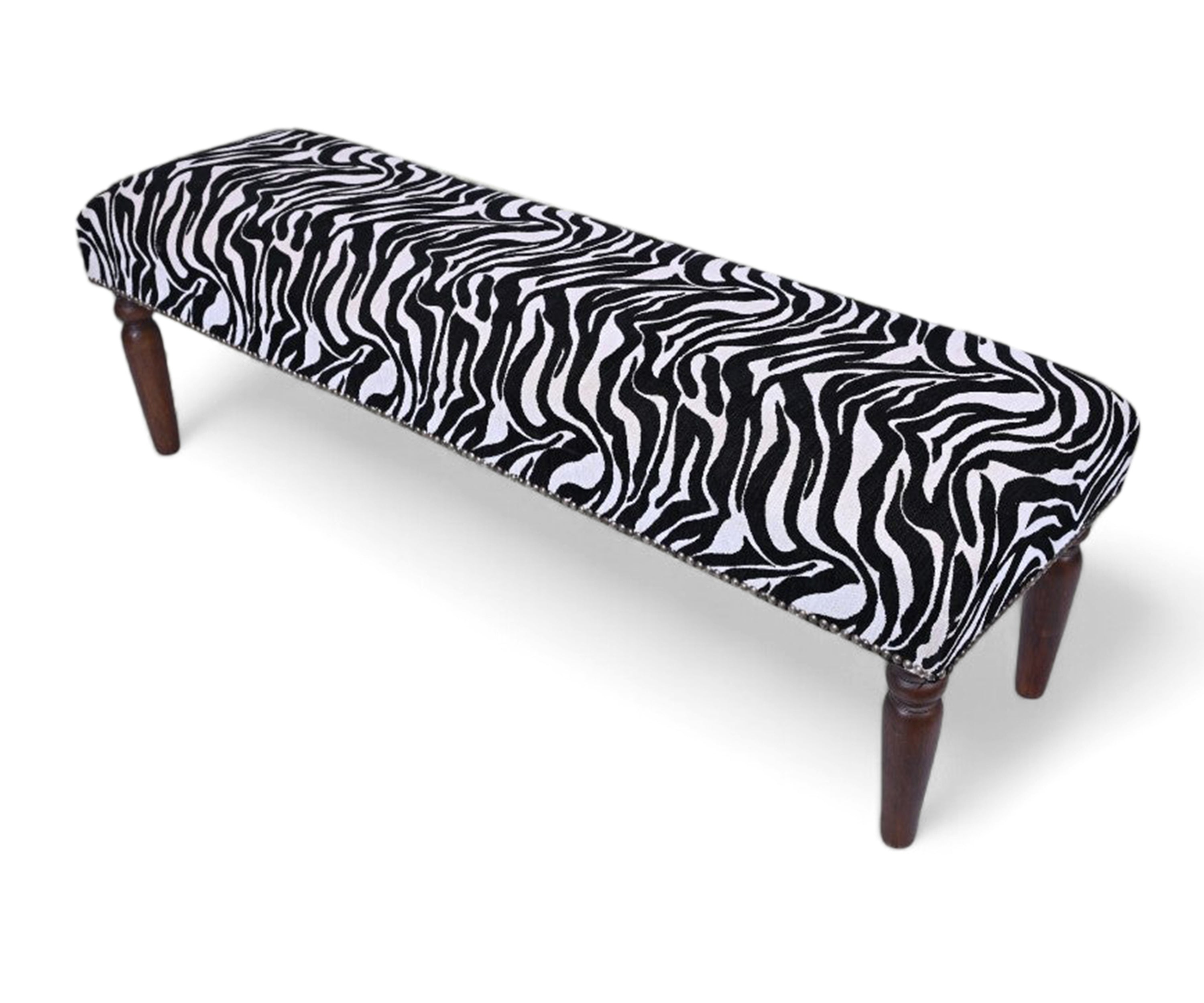 Zebra Print Velvet Bench with Walnut Wooden Legs