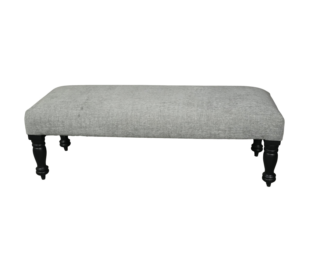 Grey Upholstered Bench with Black Turned Wooden Legs