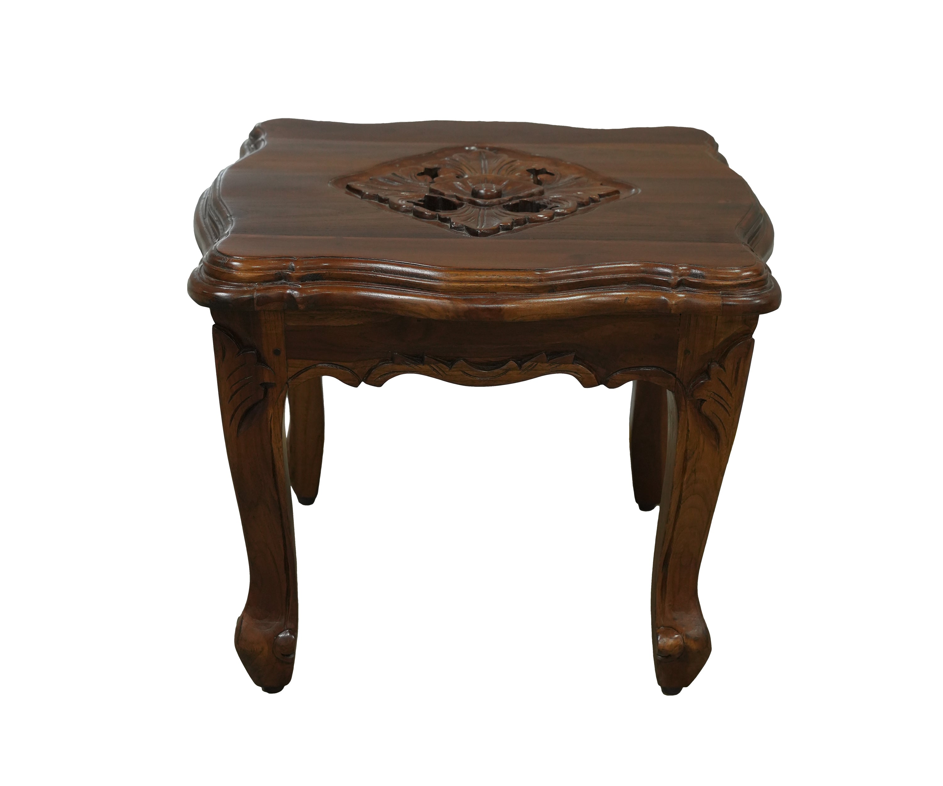 Carved Teak Side Table with Floral Relief Top