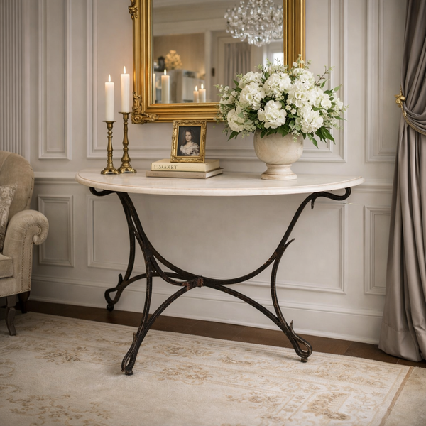 Marble Top Half Moon Entryway Console Table with Iron Base