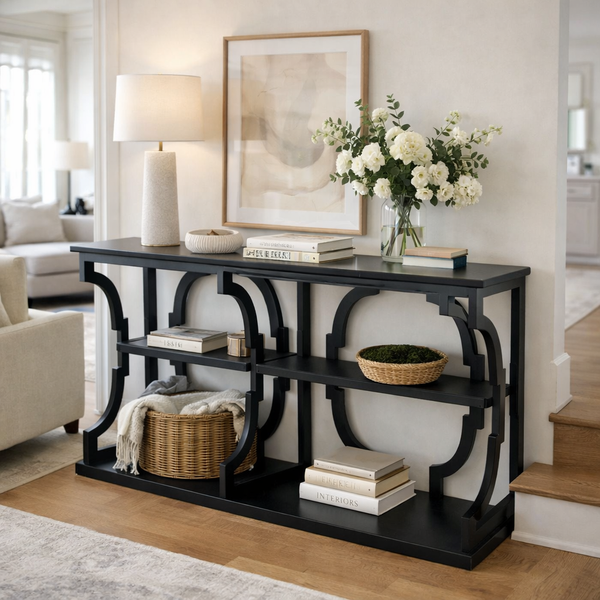 Black Architectural Console Table with Geometric Frame with Shelves