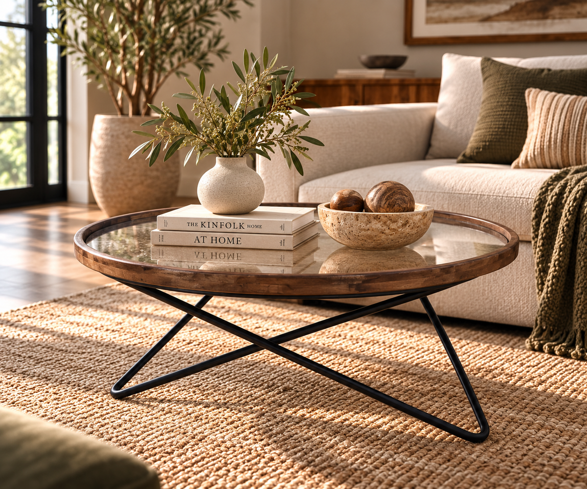 Modern Round Glass Coffee Table with Interlocking Metal Base