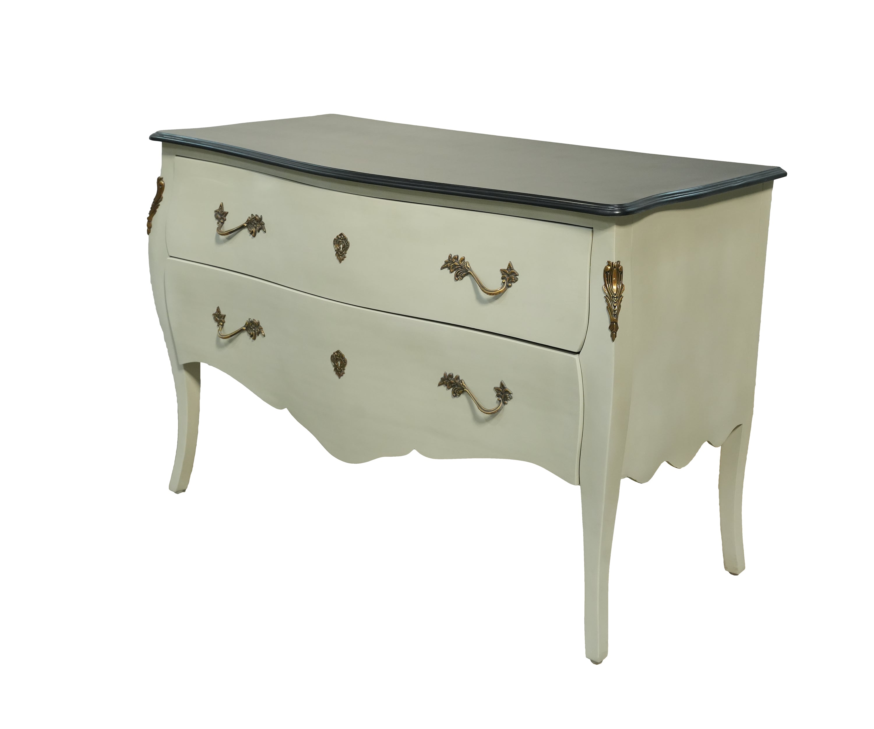 French Style Cream Bombe Chest of Drawers with Black Top