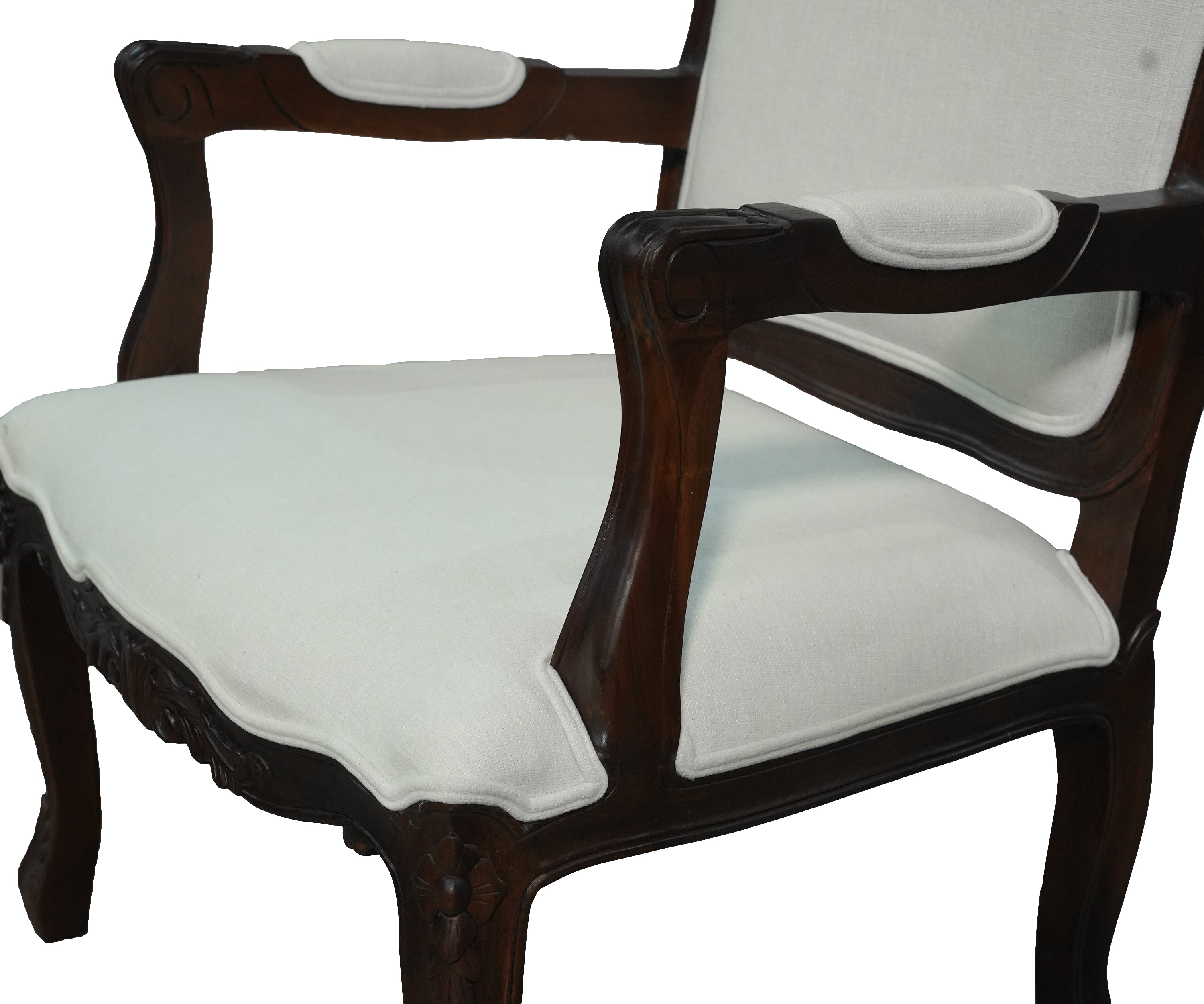 French Inspired Carved Wood Upholstered Arm Chair