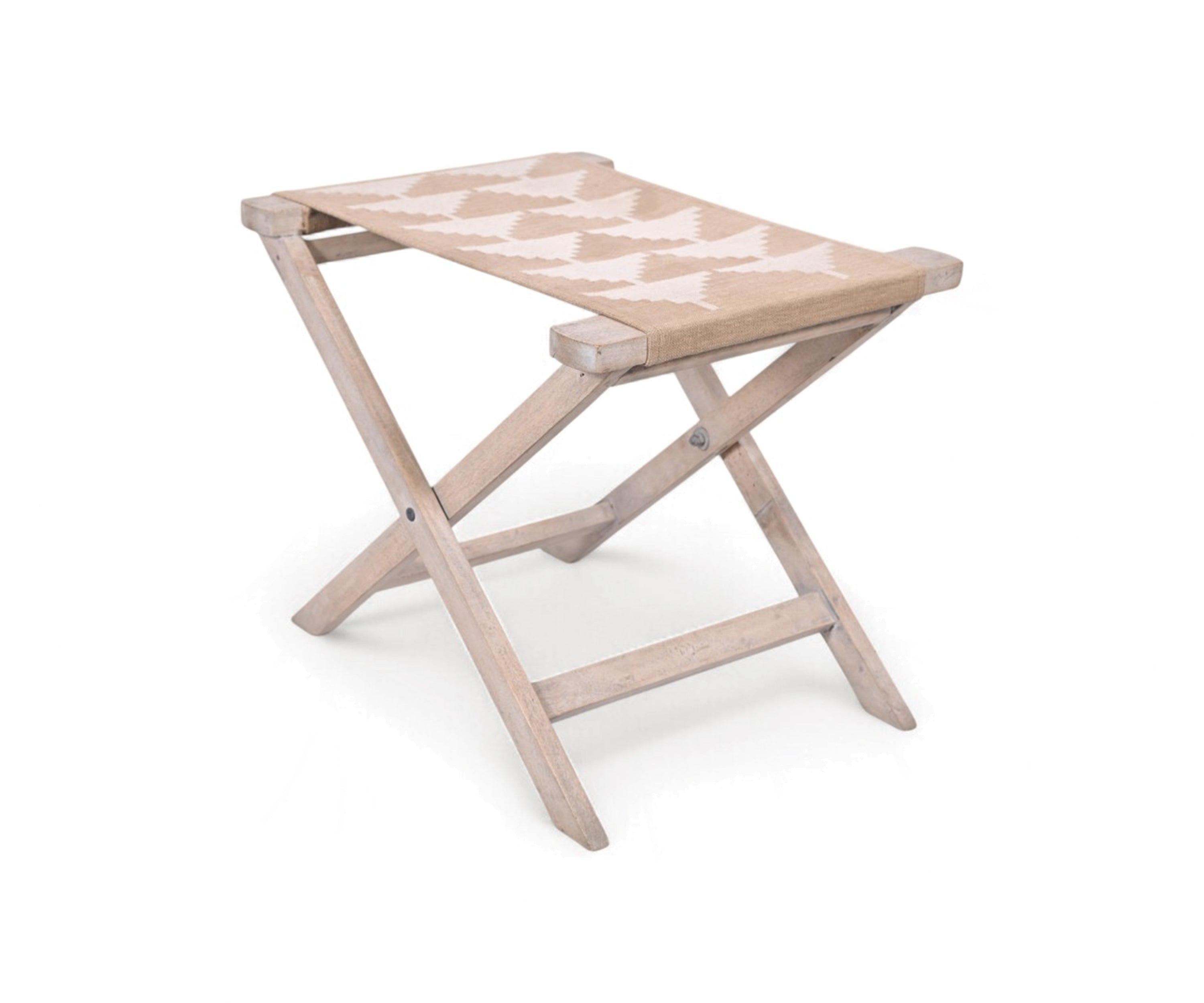 Brown and White Patterned Fabric Stool with Natural Wood Frame