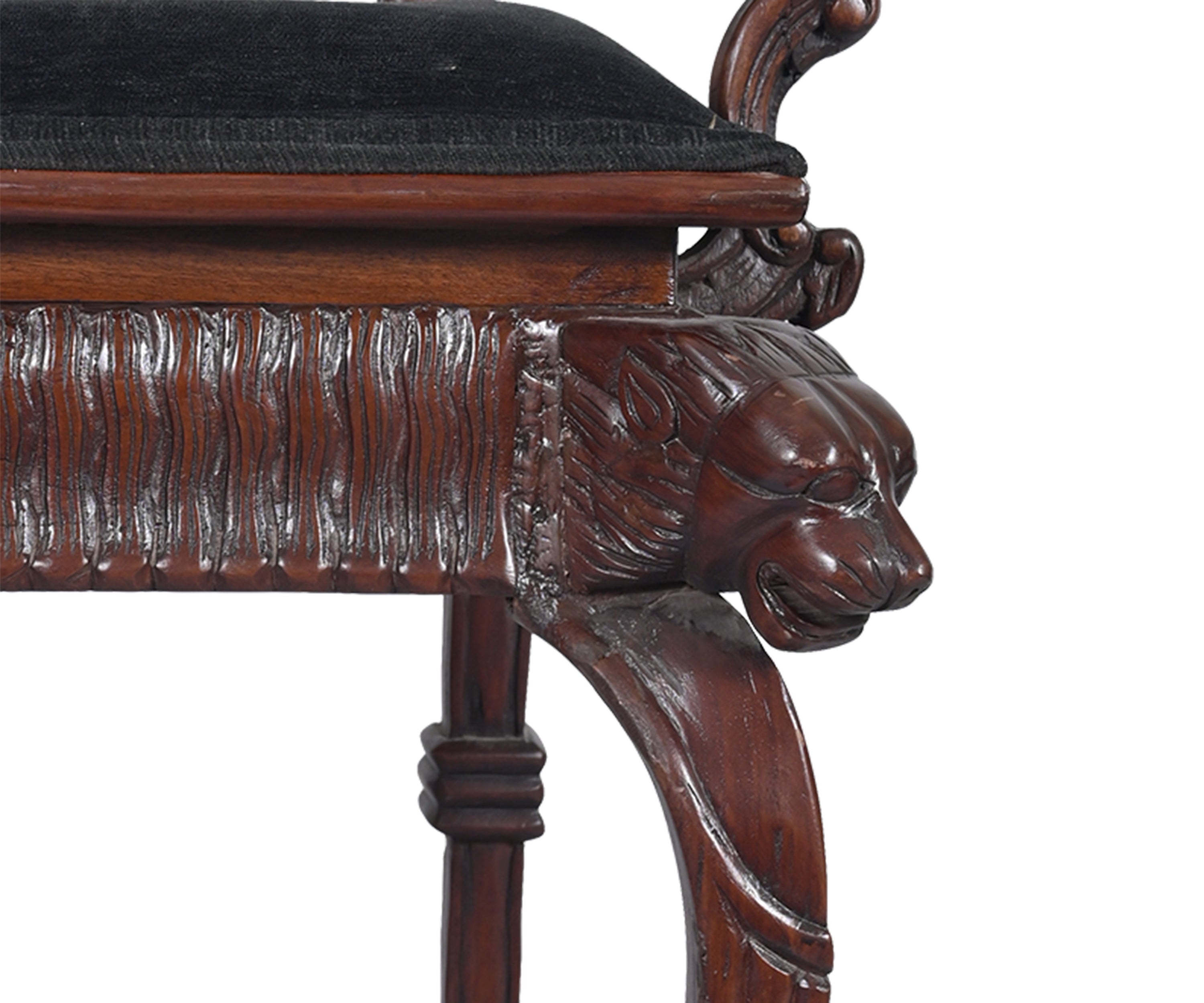 Antique Style Carved Wooden Bar Chair with Black Upholstered Seat