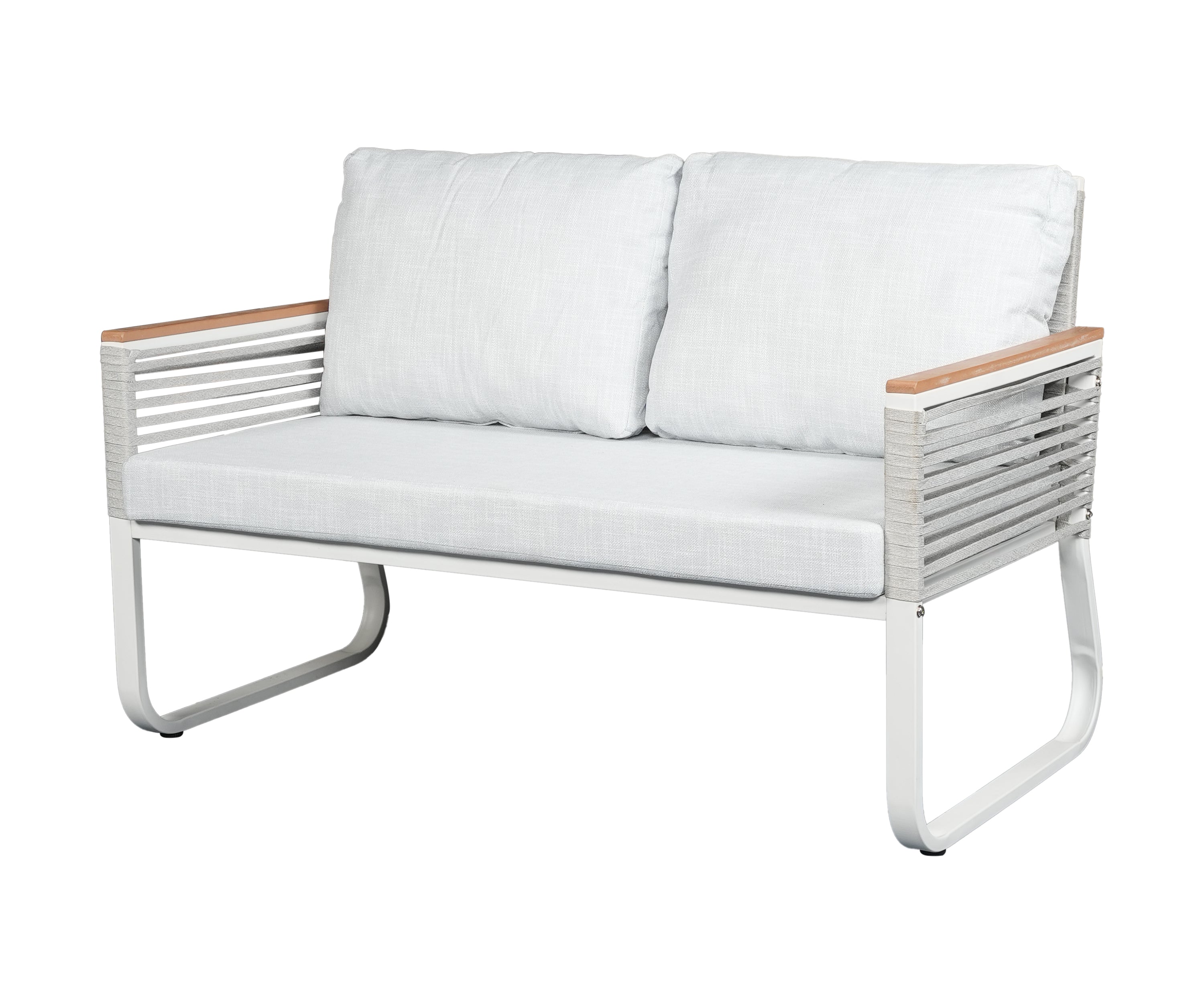 Modern Outdoor 2 Seater Sofa in White Metal Frame with Rope Detail