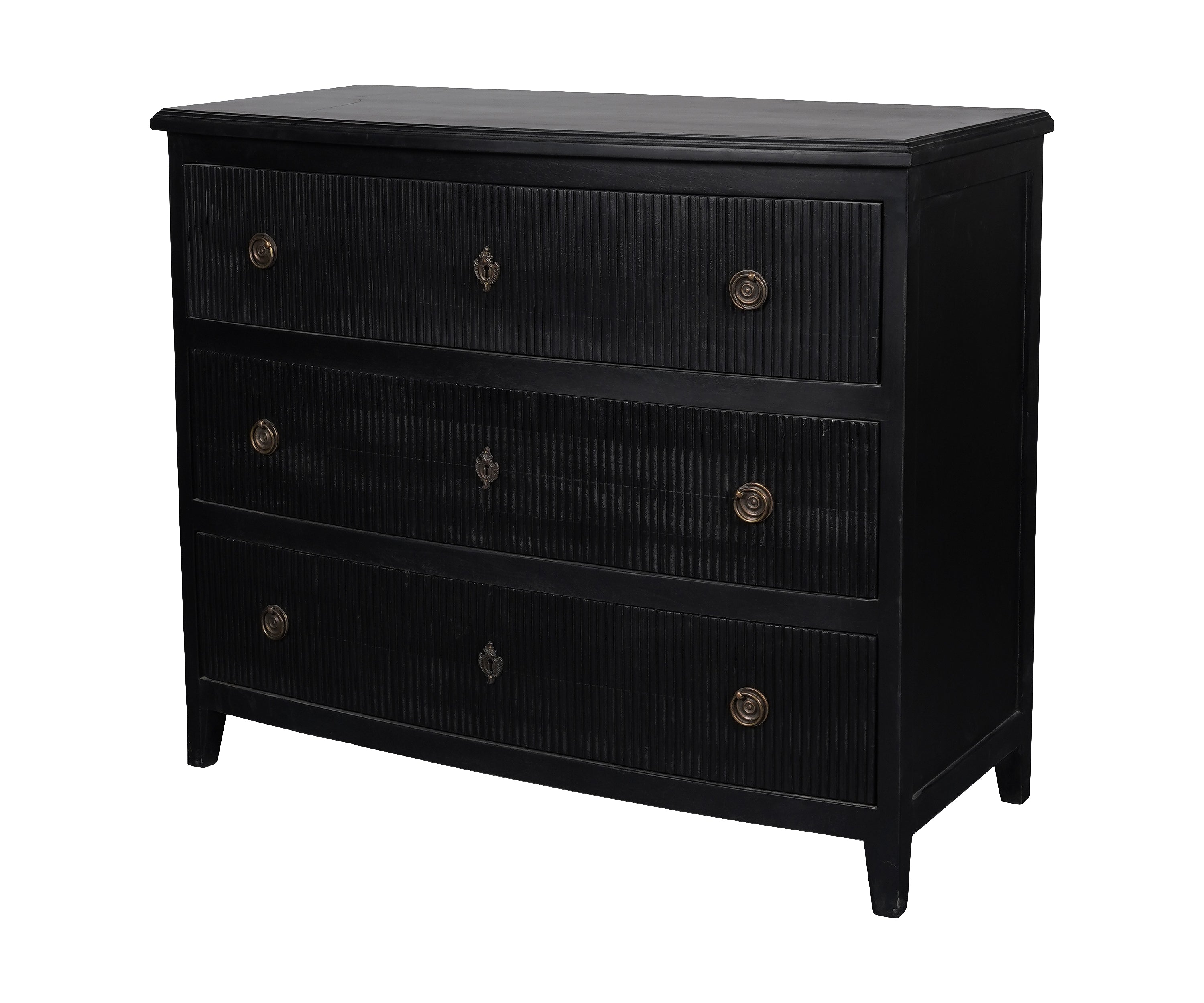 Black Curved Front 3-Drawer Chest of Drawers with Brass Hardware