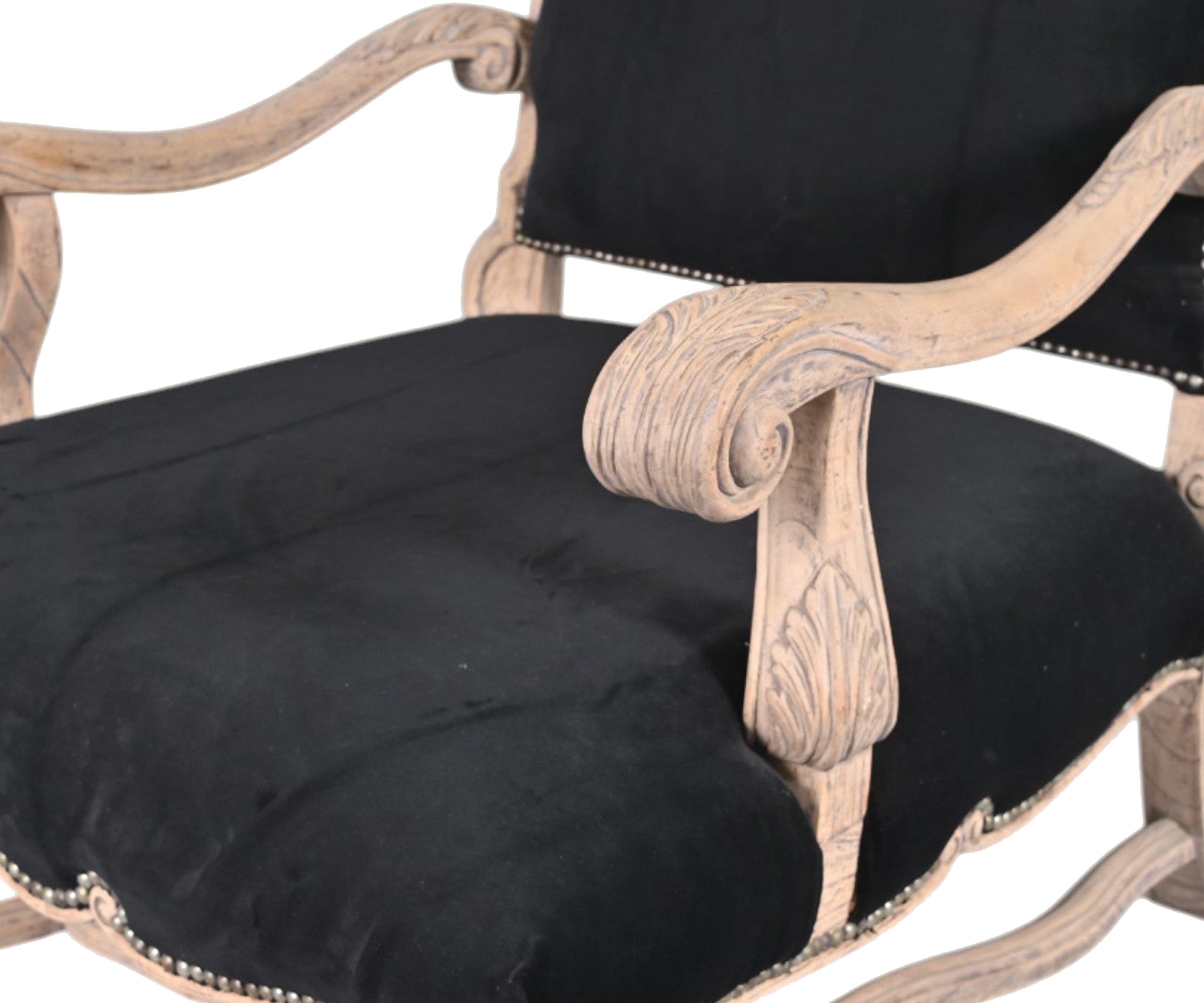 Black Velvet Antique French Carved Accent Chair with Brass Studs