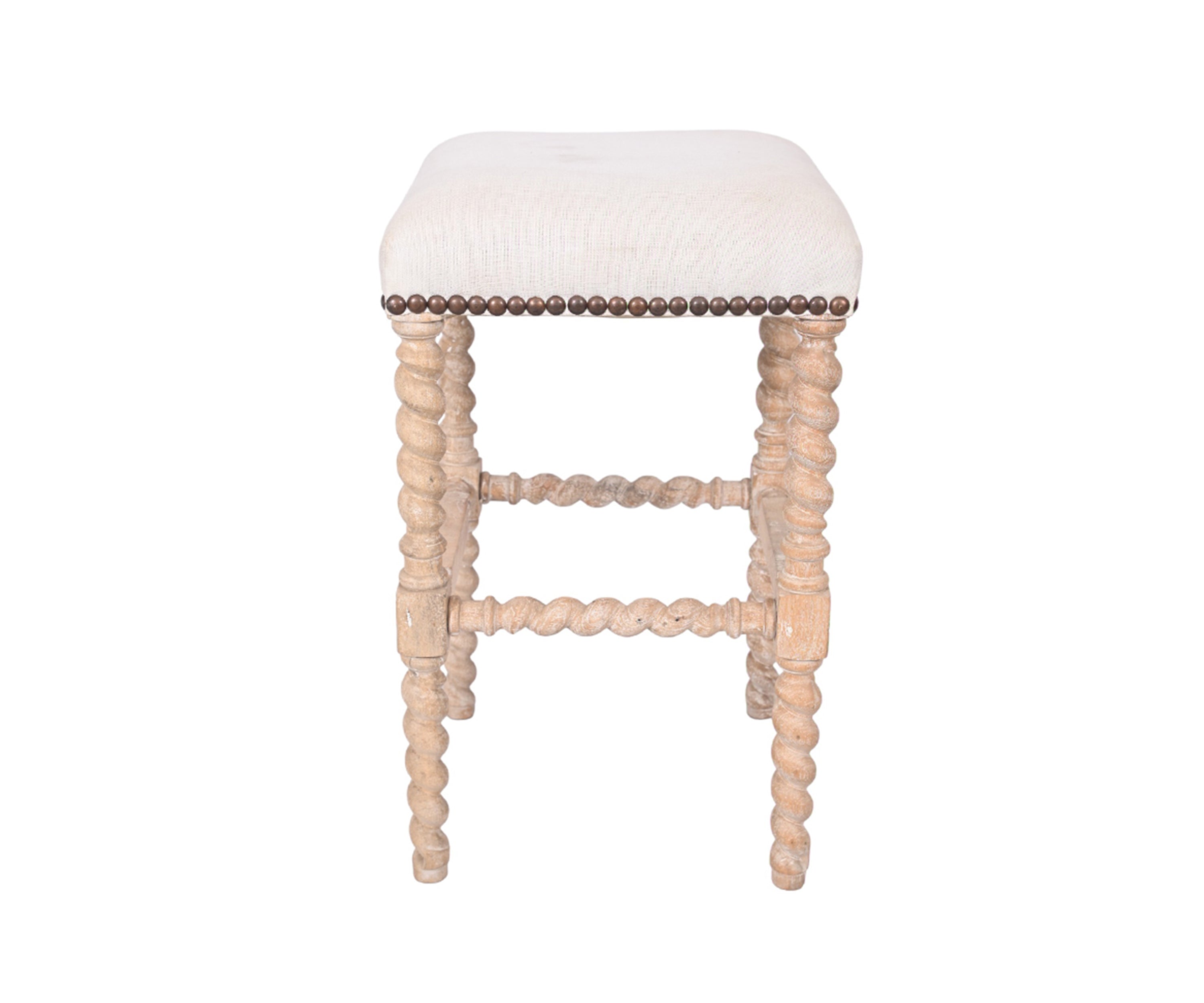 Barley Twist Beige Upholstered Stool with Brass Nailhead Trim and Light Wood Finish