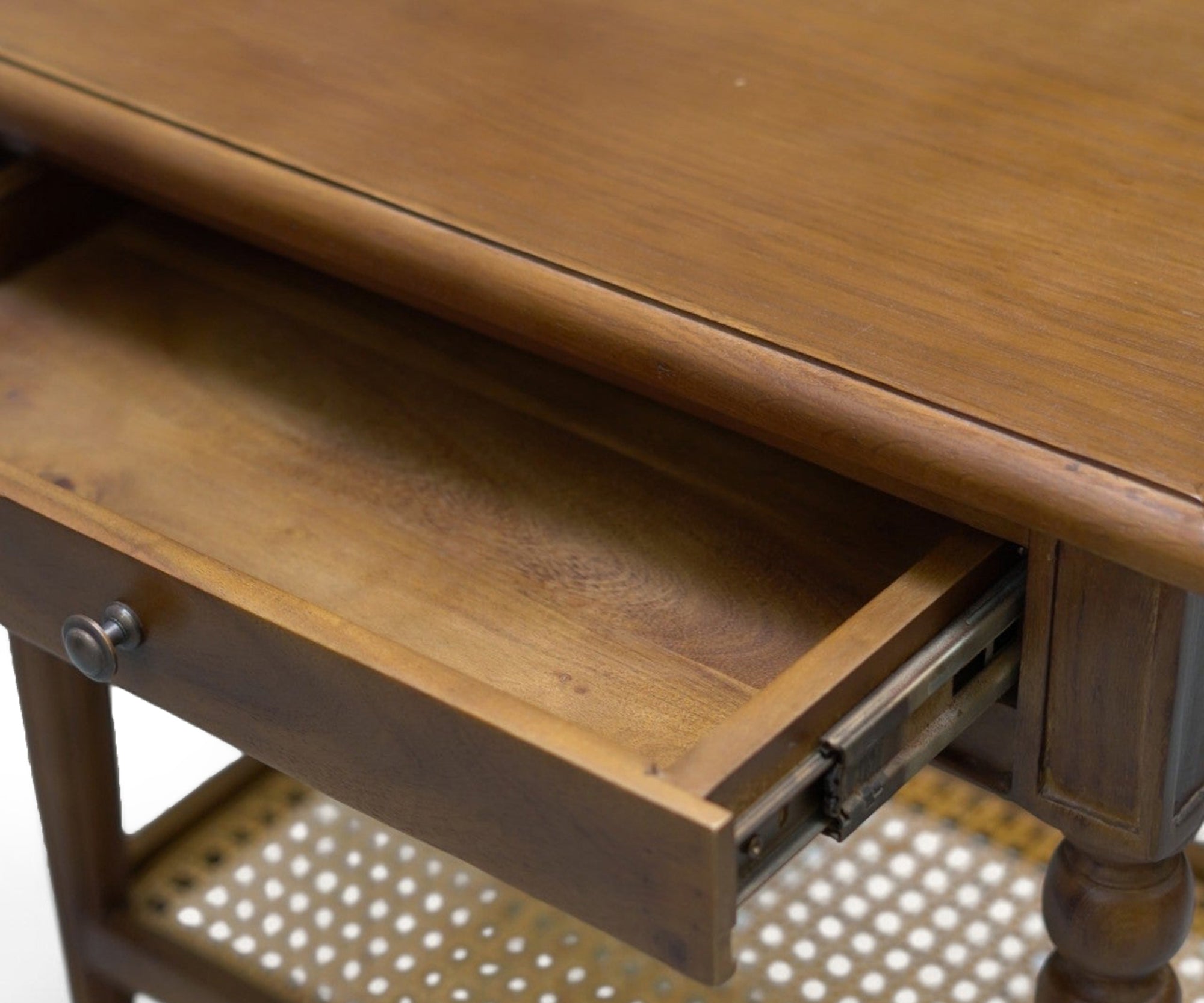 Walnut Cane Shelf Bed Side Table with Single Drawer
