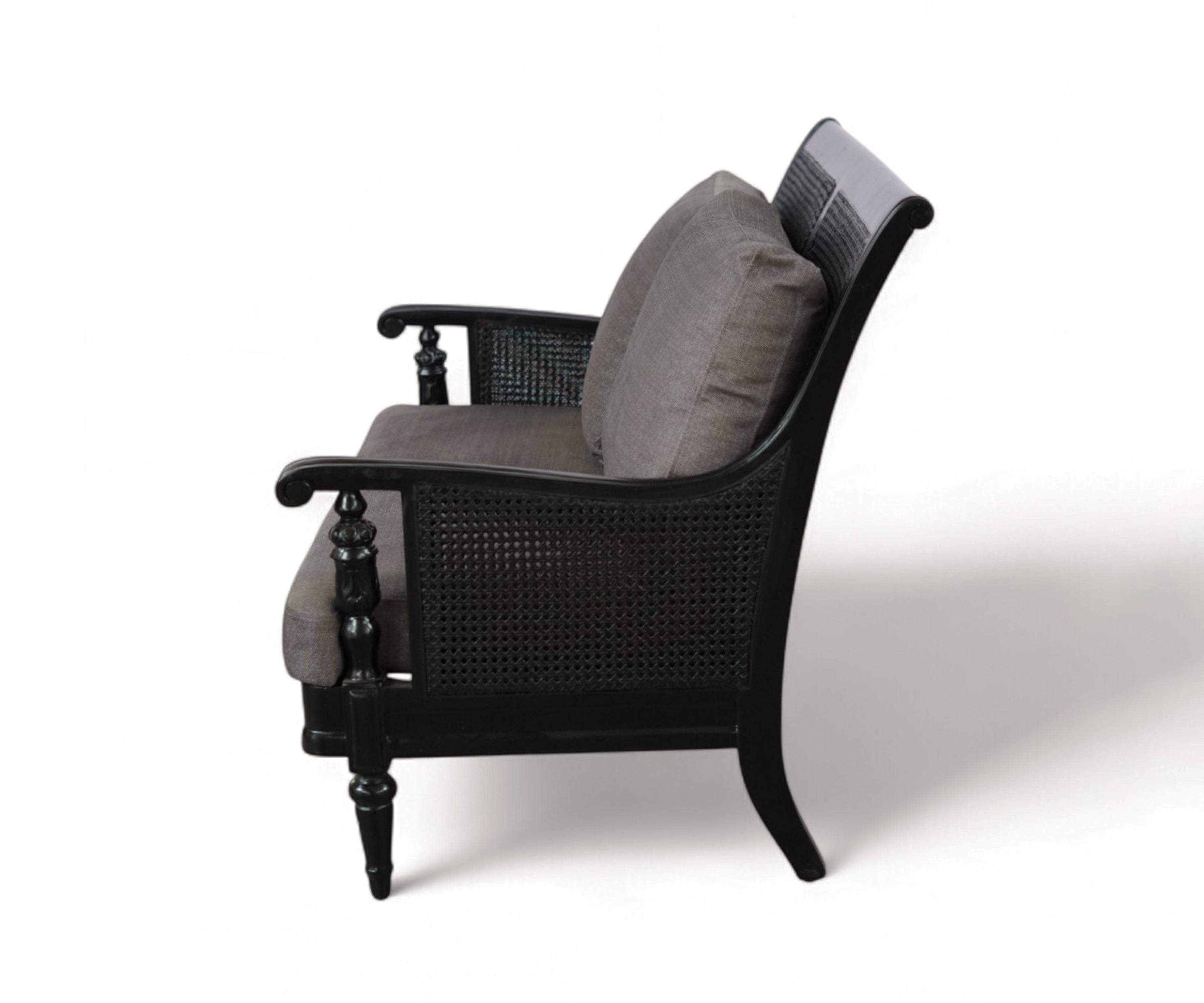 Acacia Wood 2-Seater Sofa with Woven Cane Panels & Charcoal Cushions