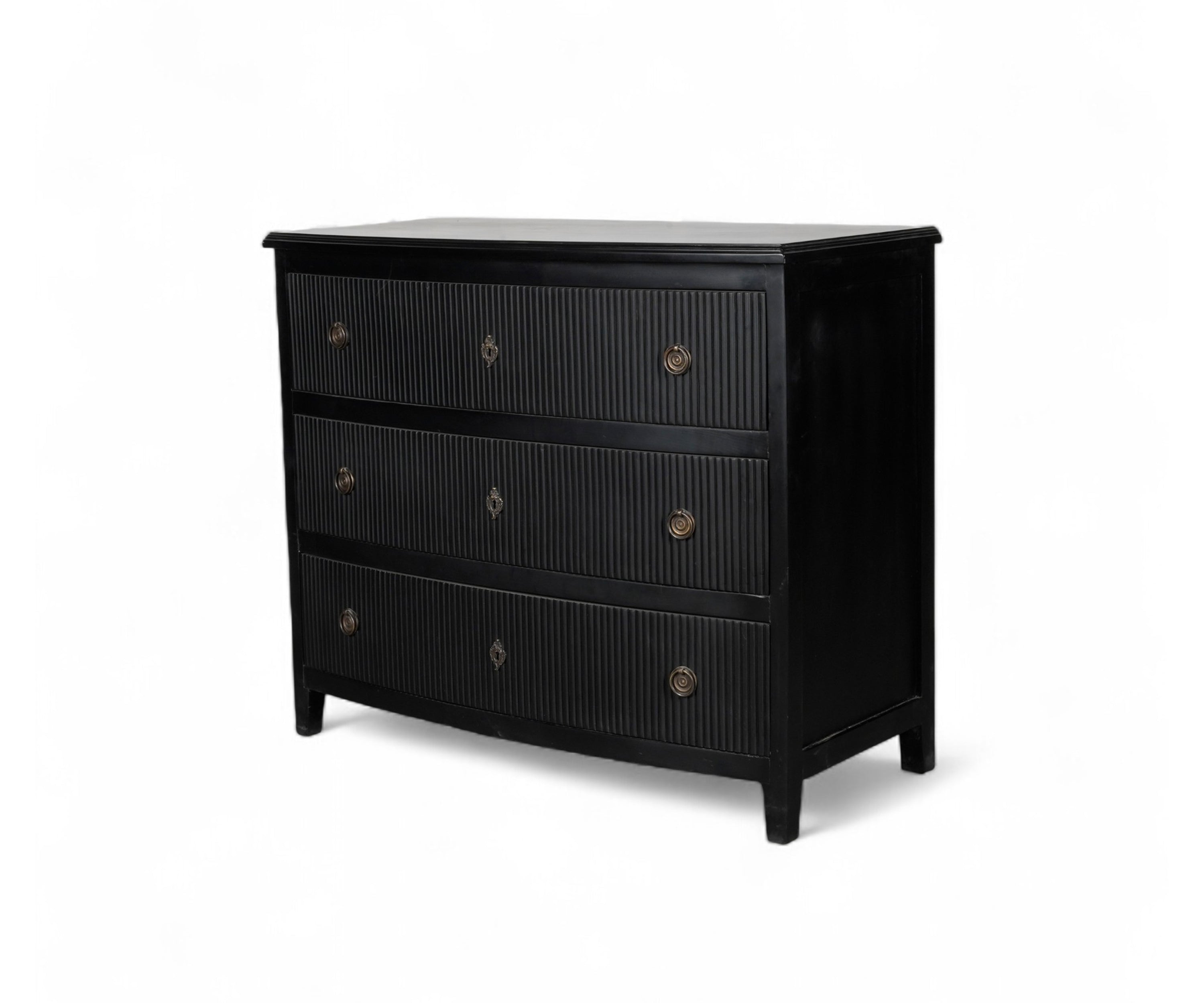 Modern Black Chest of Drawers with Ribbed Front and Brass Knobs