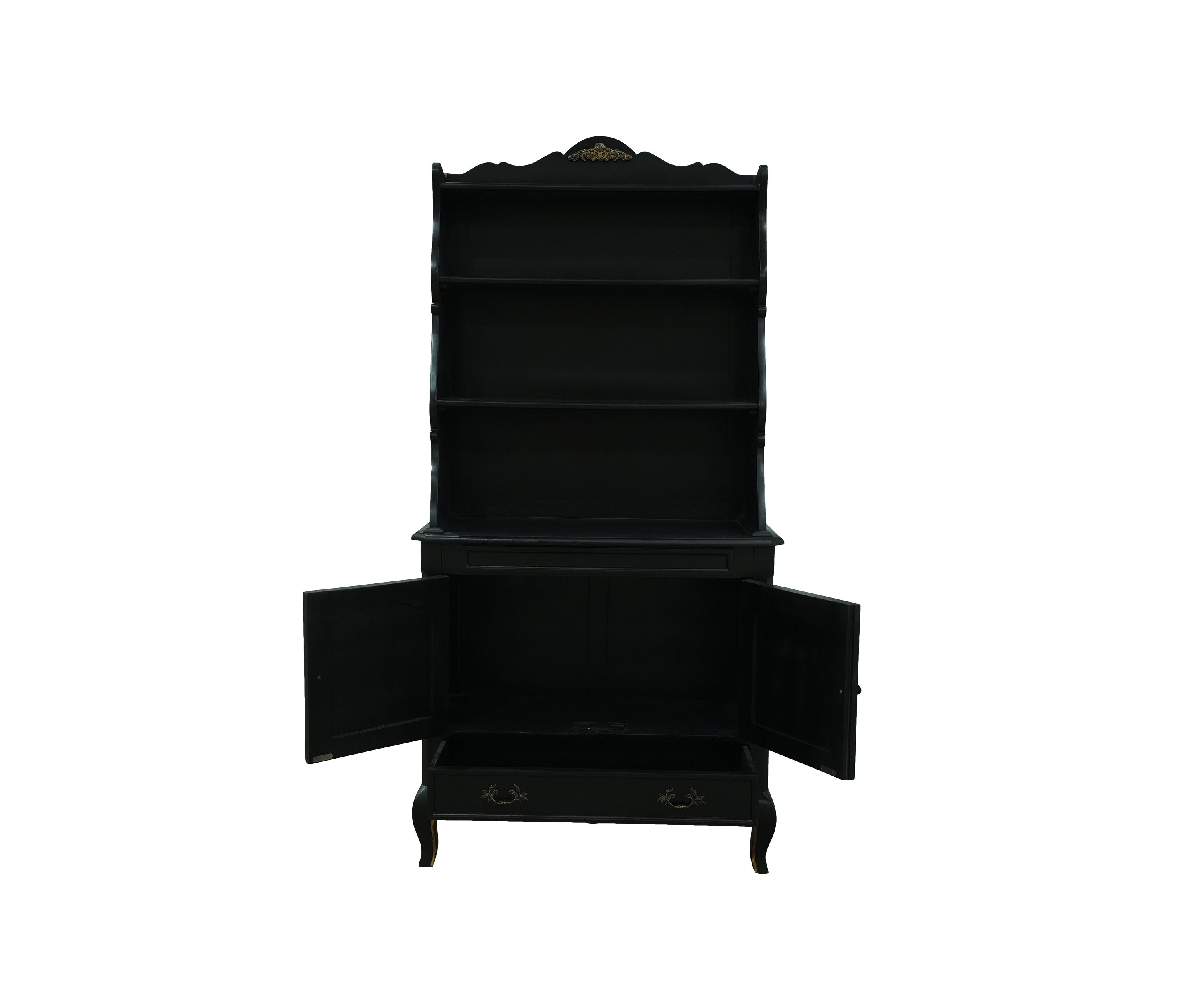 Black Display Cabinet with Open Shelves and Double Door Storage