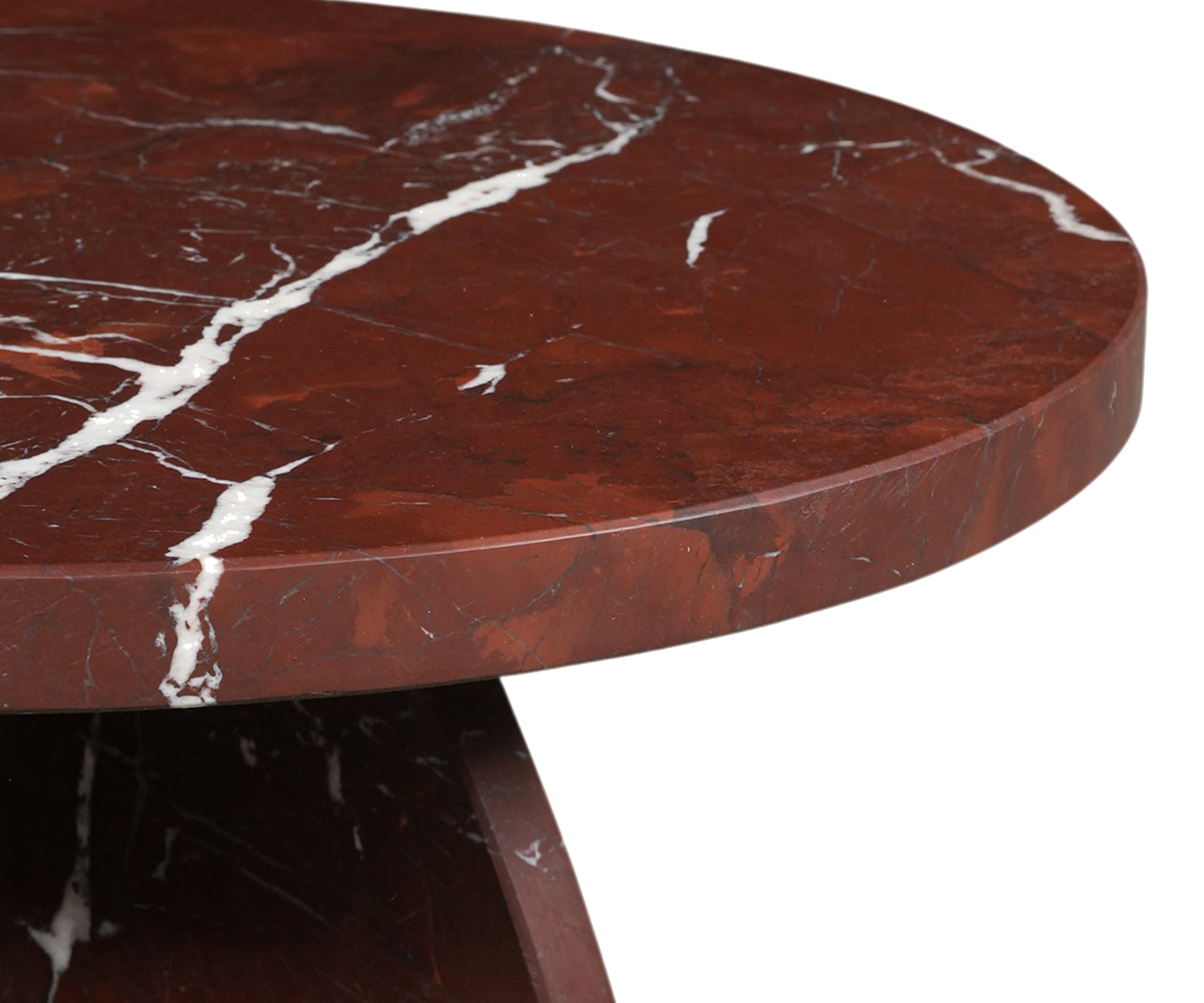 Round Red Marble Side Table with Sculptural Pedestal Base