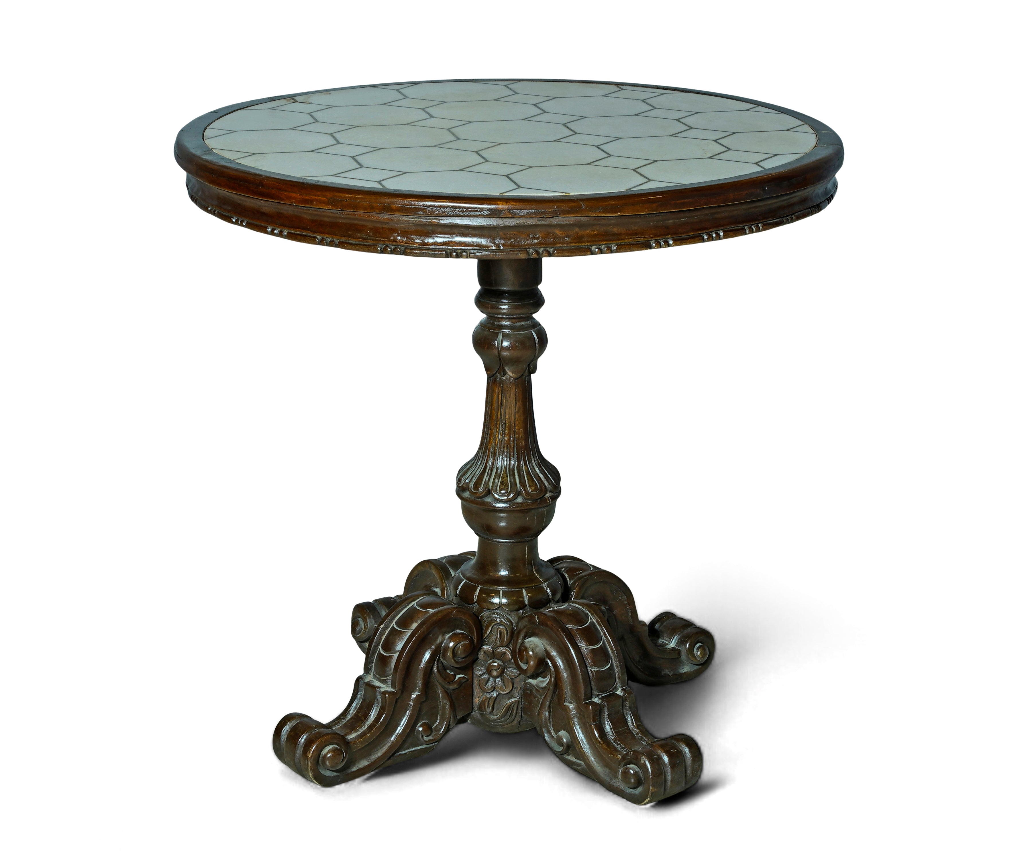 Handcrafted Brass Inlay Round Table with Ornate Carved Solid Wood Base